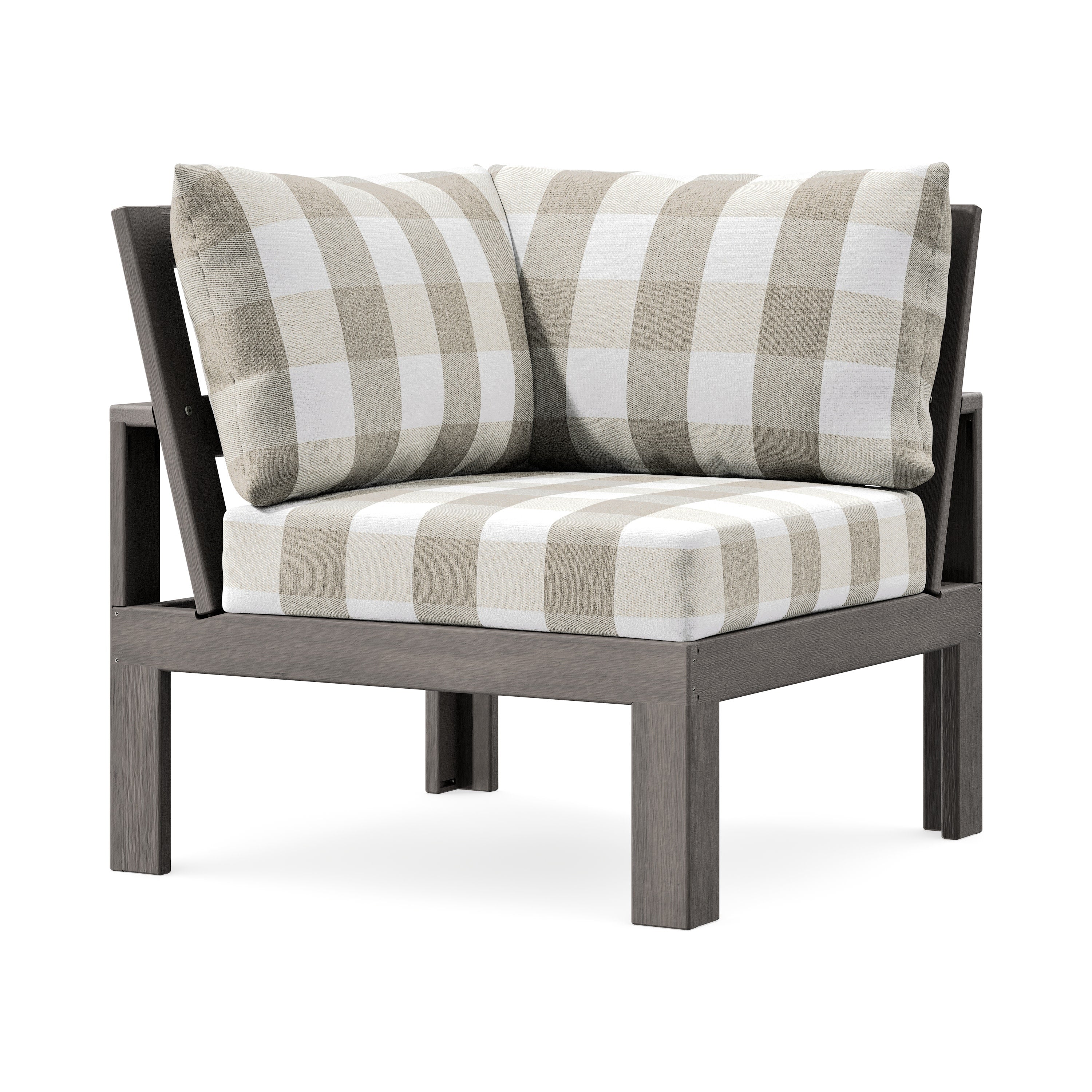 Modular Corner Chair in Driftwood / Buffalo Plaid Dune Burlap