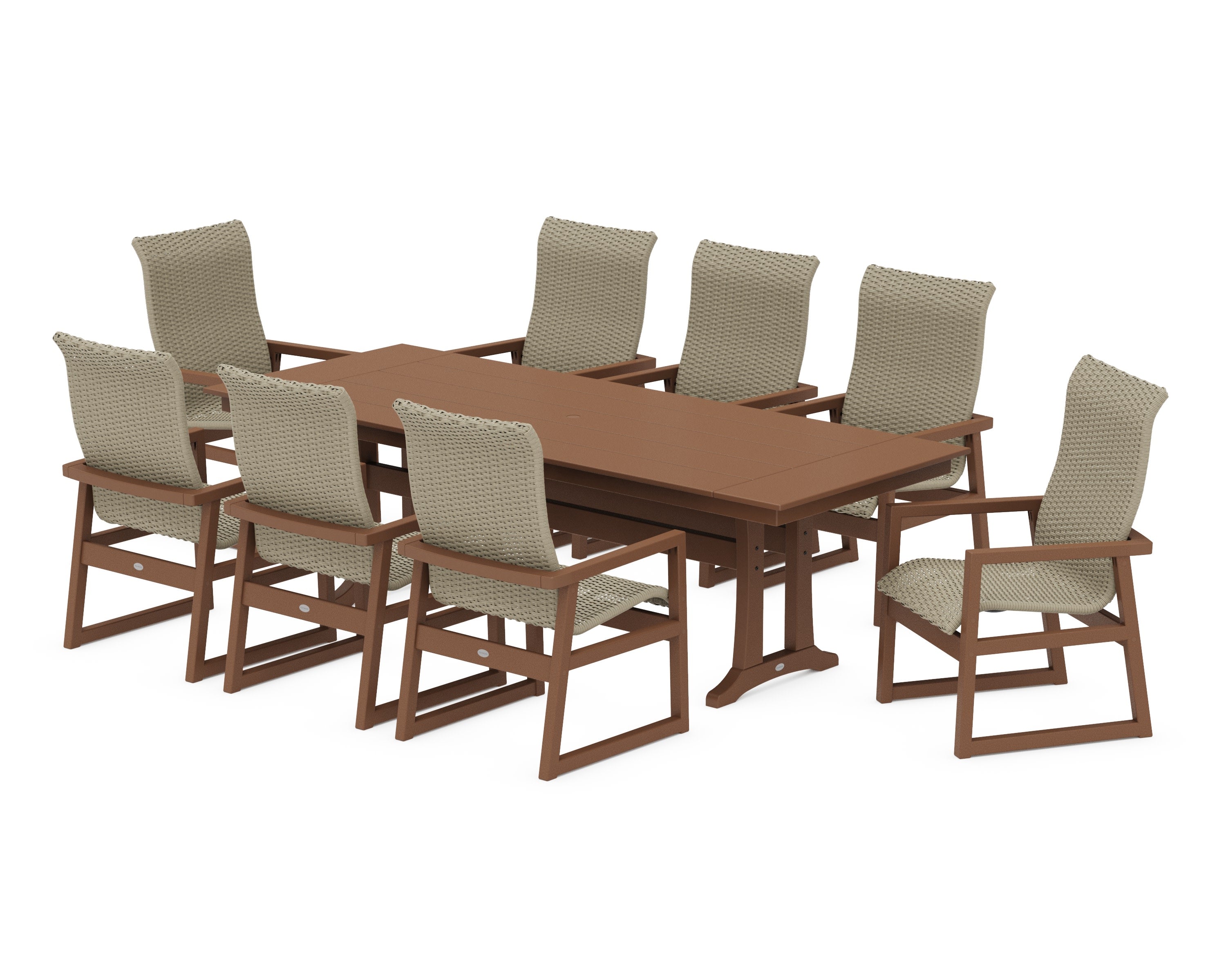 EDGE Woven Highback 9-Piece Farmhouse Dining Set with Trestle Legs in Teak / Dune Grass