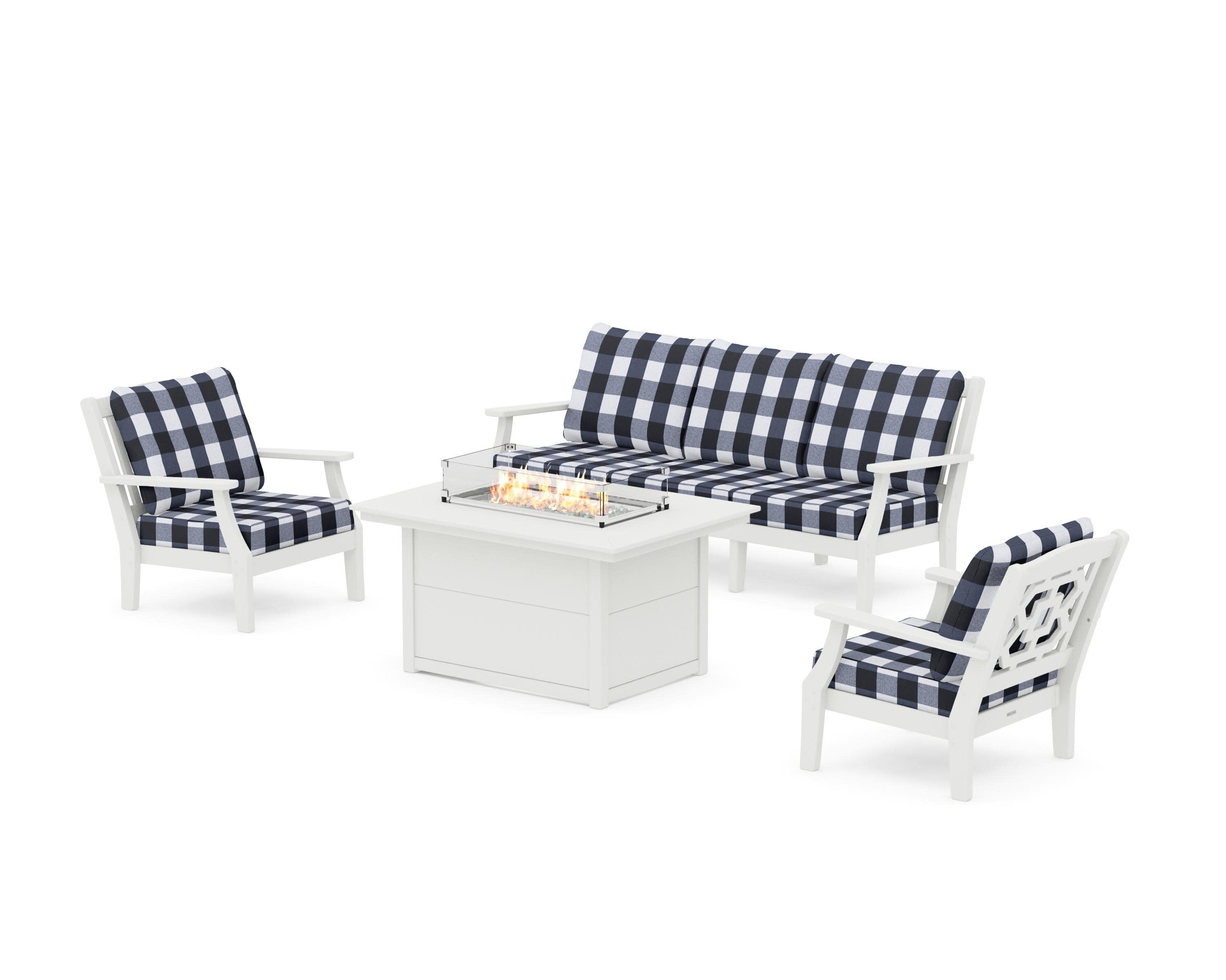 Chinoiserie Deep Seating Fire Pit Table Set in Vintage White / Buffalo Plaid Marine Indigo