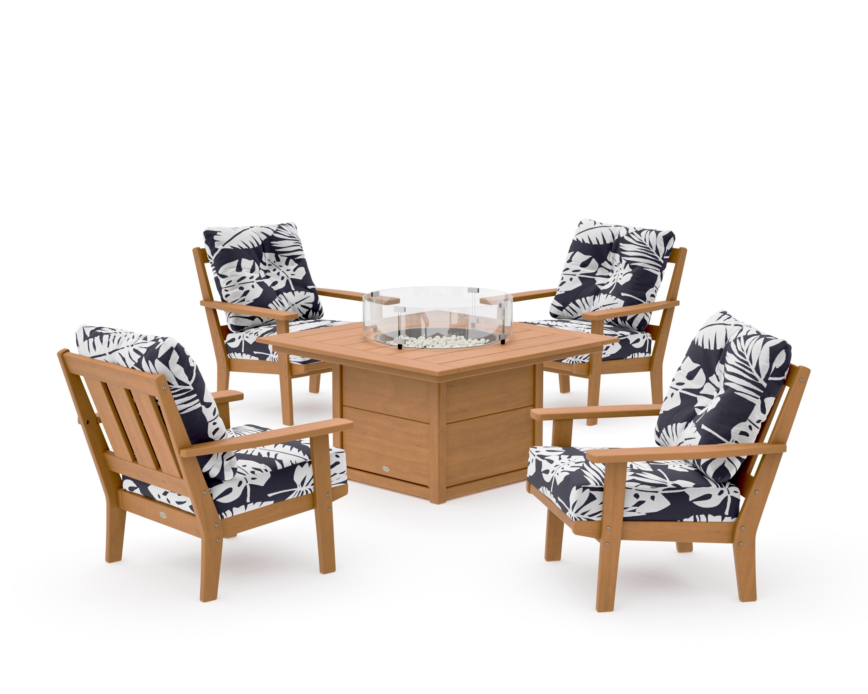 Oxford 5-Piece Deep Seating Set with Fire Pit Table in Natural / Leaf Navy