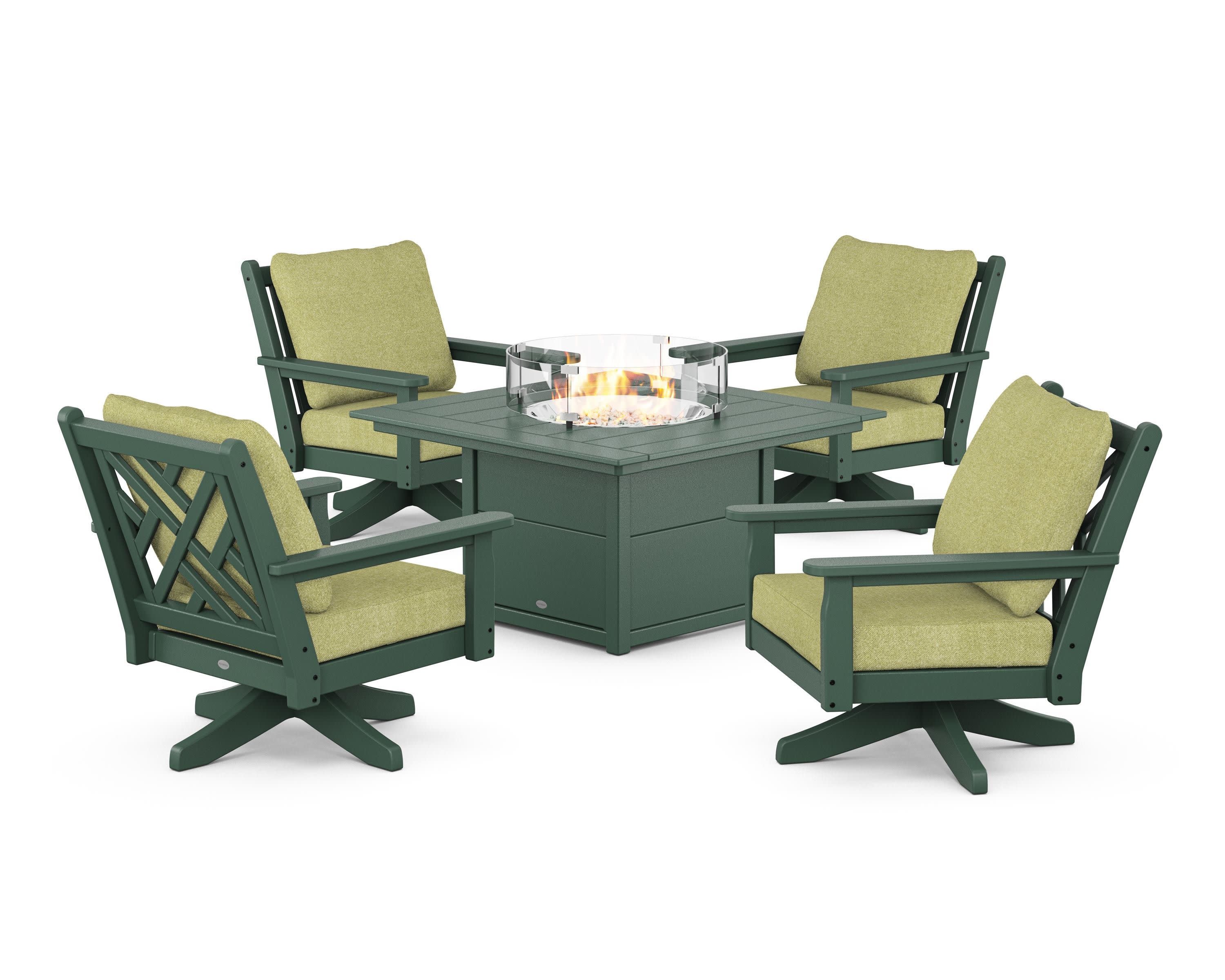 Chippendale 5-Piece Deep Seating Swivel Conversation Set with Fire Pit Table in Green / Chartreuse Boucle