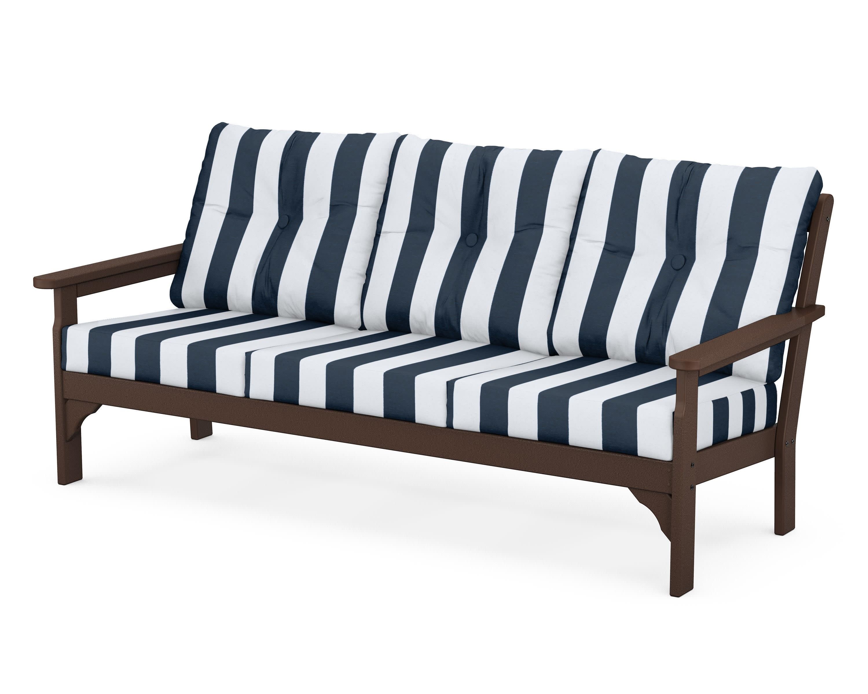 Vineyard Deep Seating Sofa in Mahogany / Cabana Stripe Marine Indigo