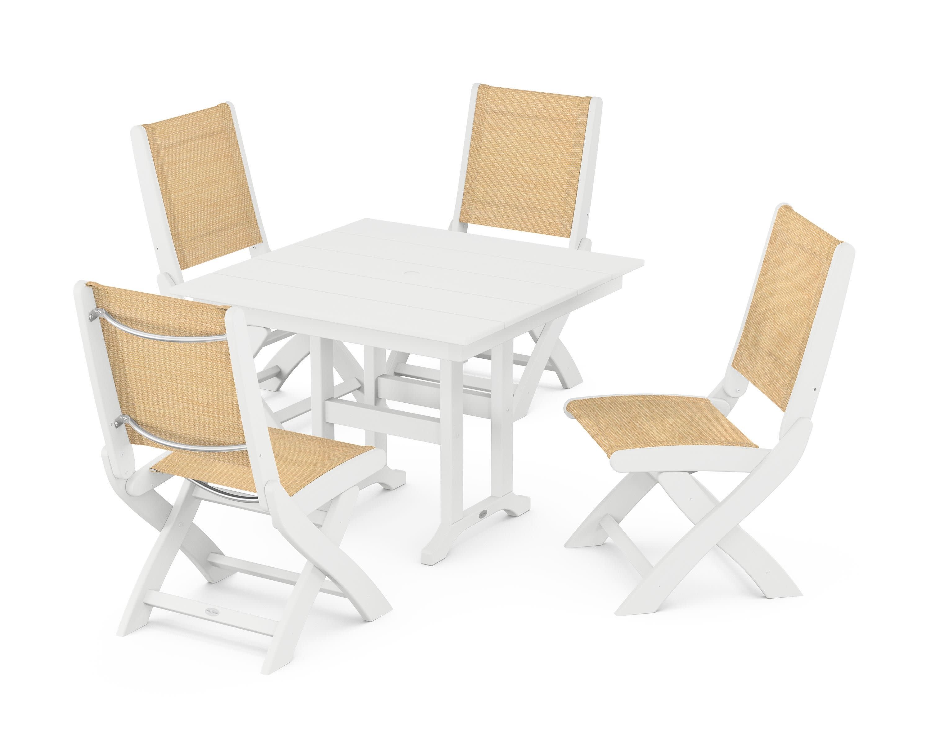 Coastal Folding Side Chair 5-Piece Farmhouse Dining Set in White / Dupioni Apricot Sling