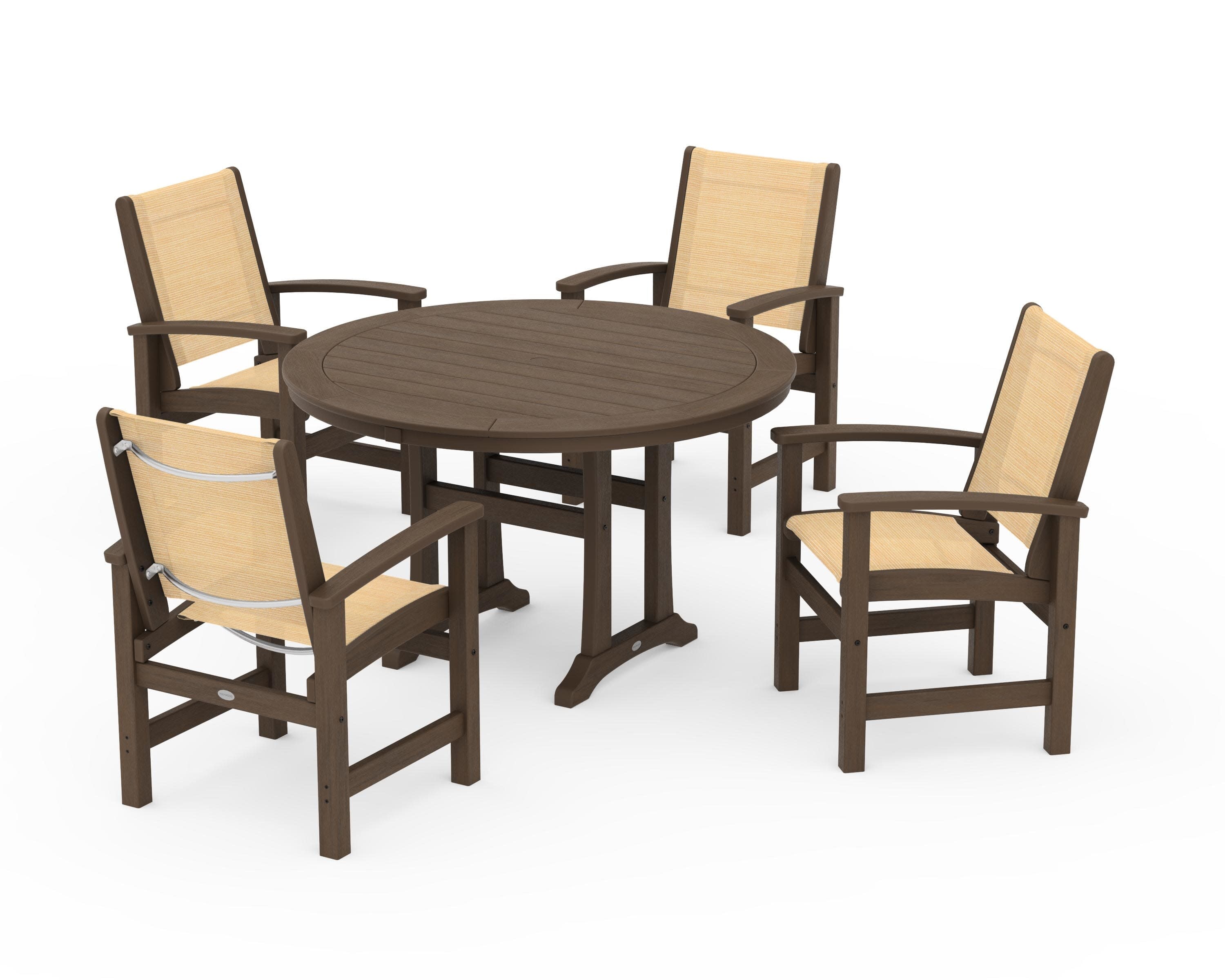 Coastal 5-Piece Round Dining Set with Trestle Legs in Kona / Dupioni Apricot Sling