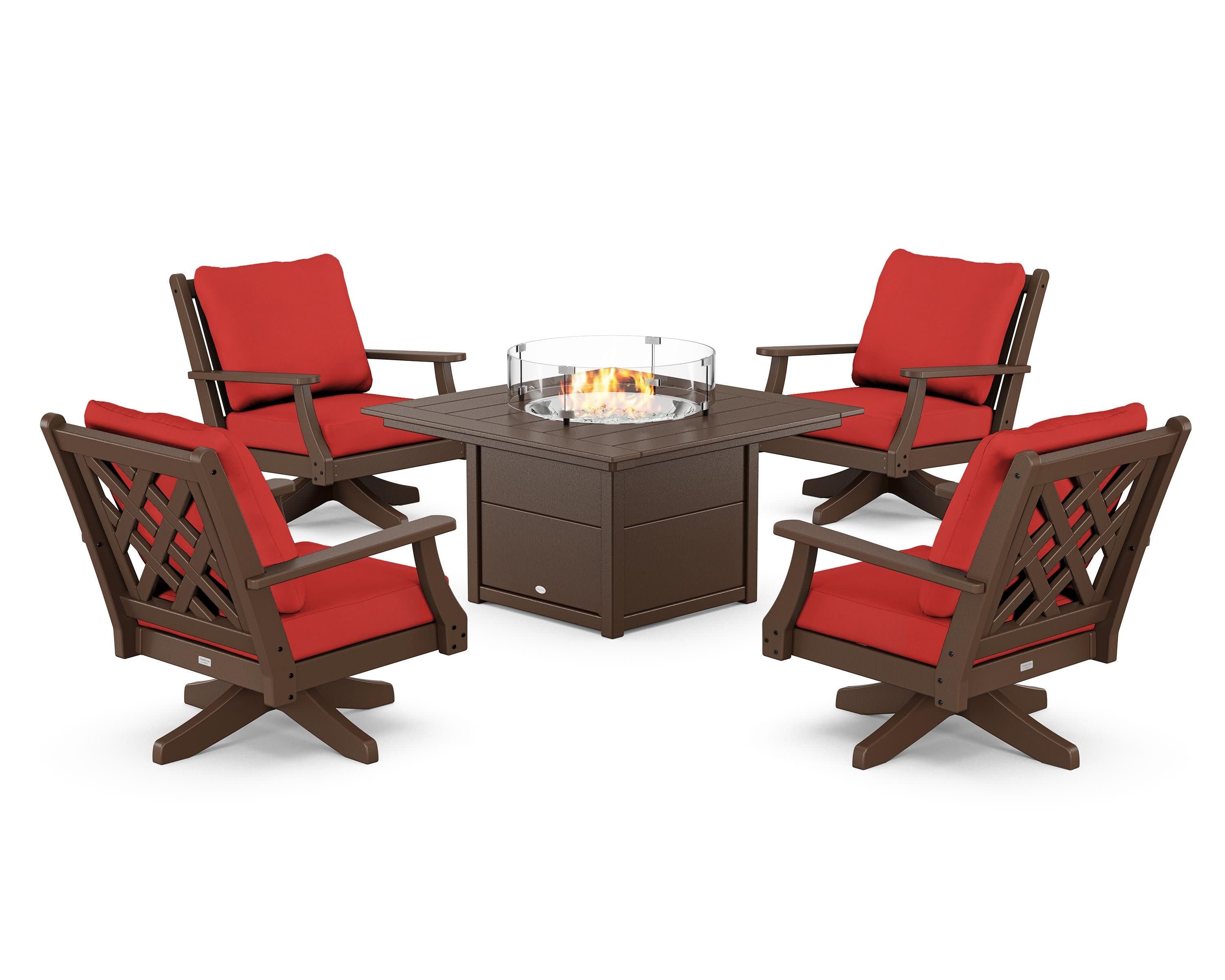 Wovendale 5-Piece Deep Seating Swivel Conversation Set with Fire Pit Table in Mahogany / Crimson Linen