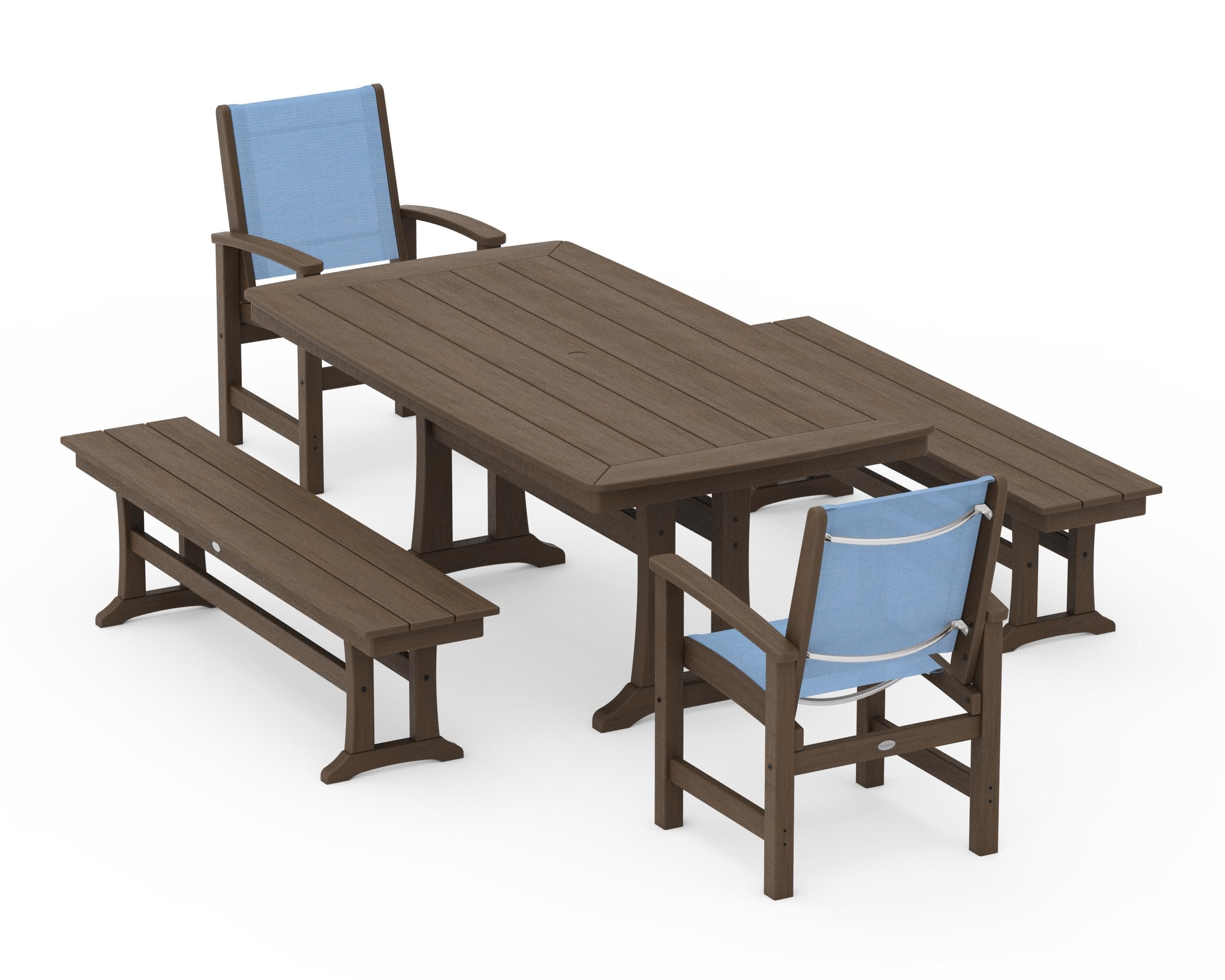 Coastal 5-Piece Dining Set with Trestle Legs and Benches in Kona / Poolside Sling