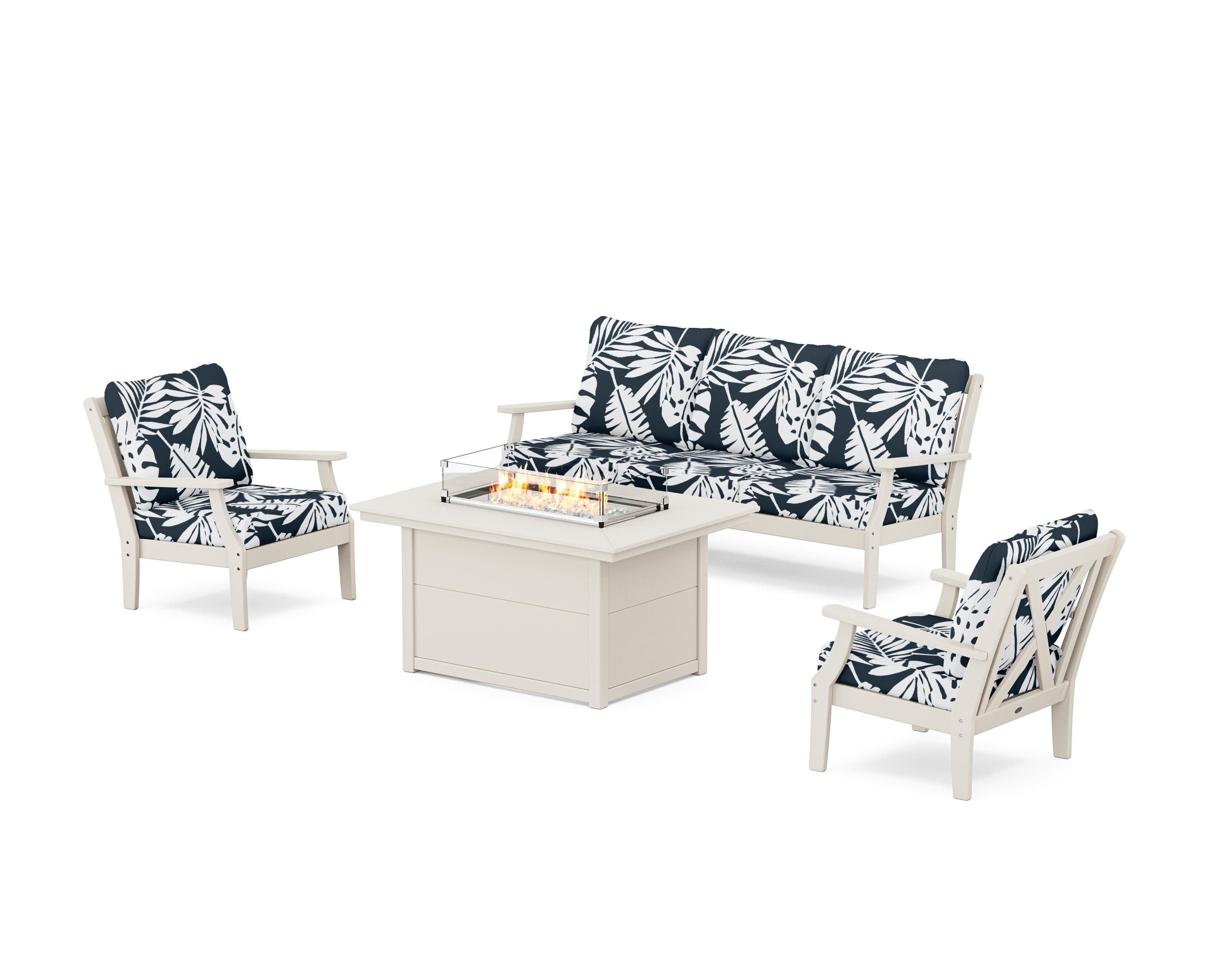 Braxton Deep Seating Fire Pit Table Set in Sand / Leaf Marine Indigo