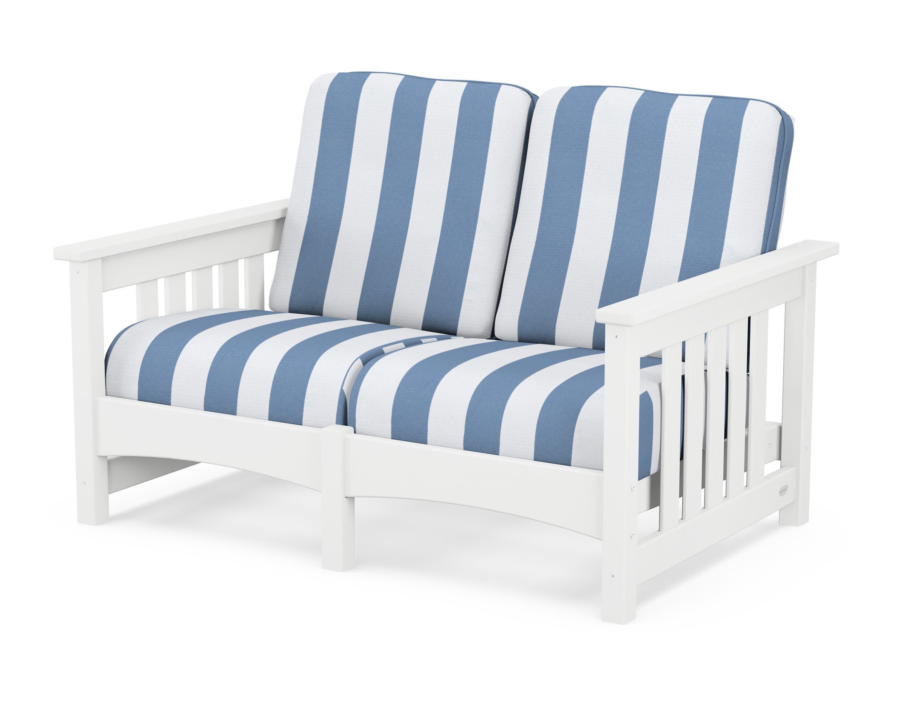 Club Mission Loveseat in White / Cabana Stripe Sky Blue