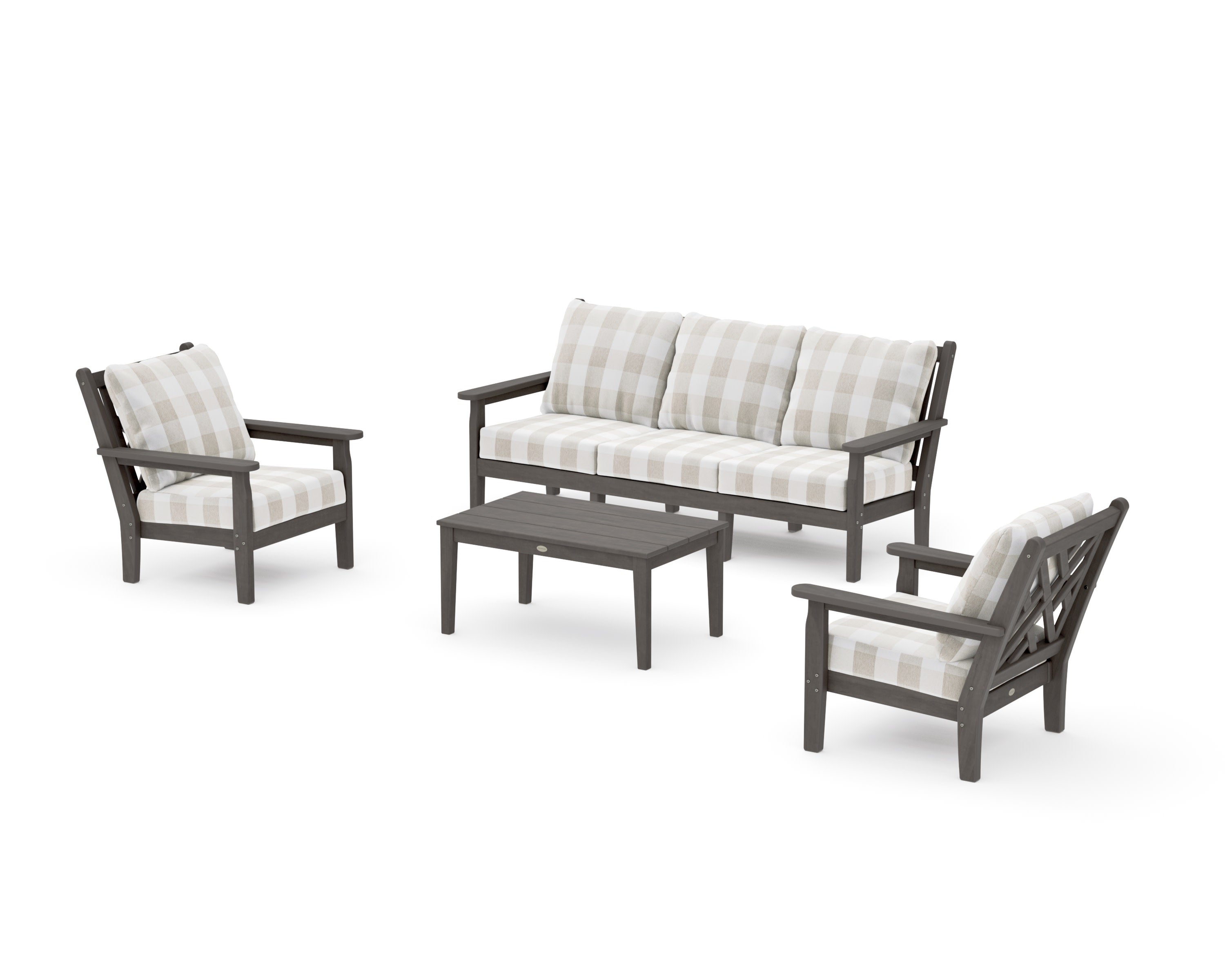 Chippendale 4-Piece Deep Seating Set with Sofa in Driftwood / Buffalo Plaid Dune Burlap