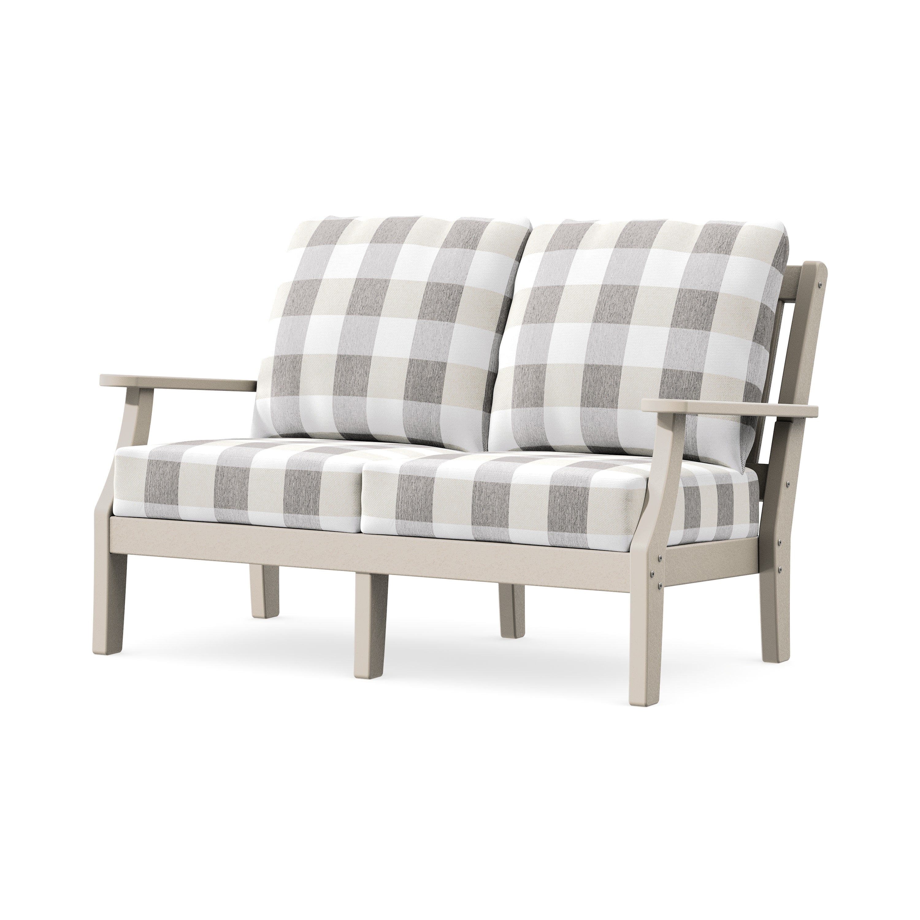 Chinoiserie Deep Seating Loveseat in Sand / Buffalo Plaid Grey Mist