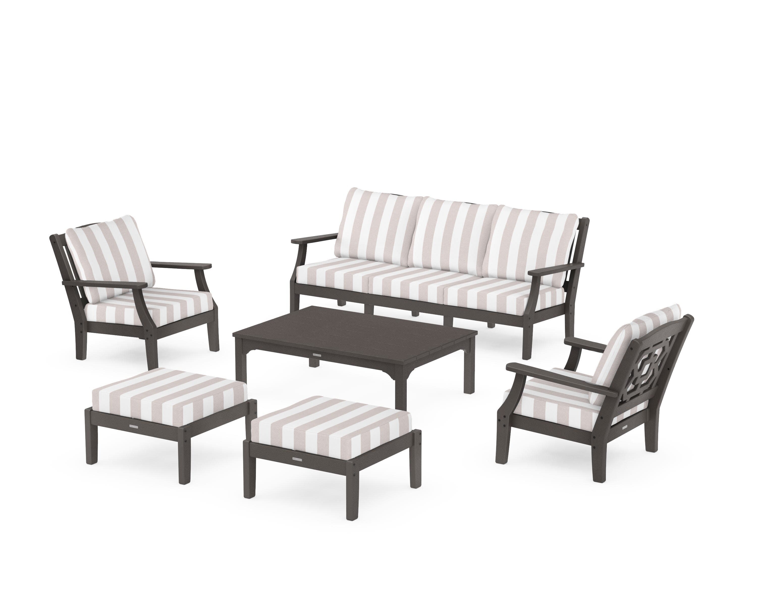 Chinoiserie 6-Piece Lounge Sofa Set in Vintage Coffee / Cabana Stripe Dune Burlap