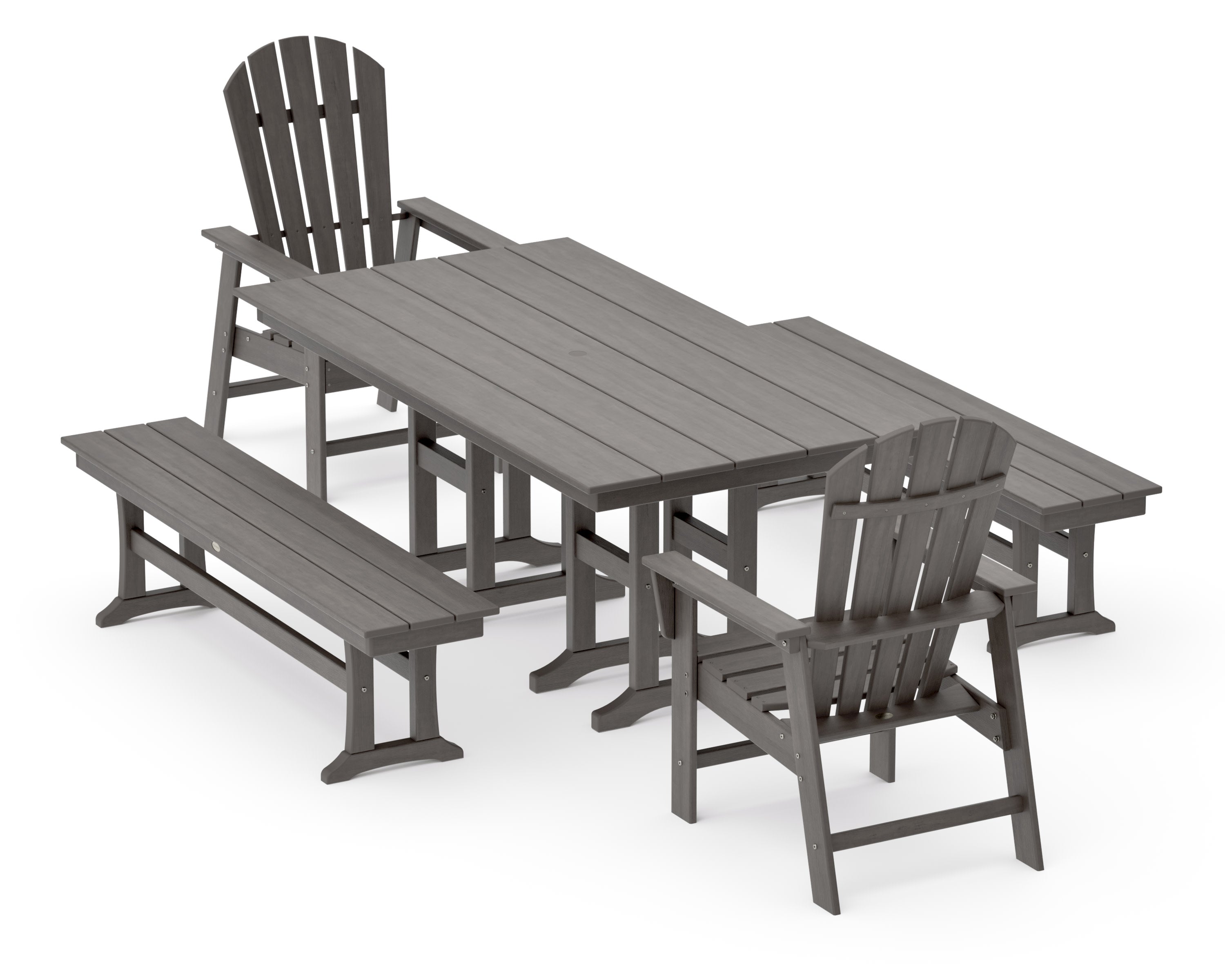 South Beach 5-Piece Farmhouse Dining Set with Benches in Driftwood