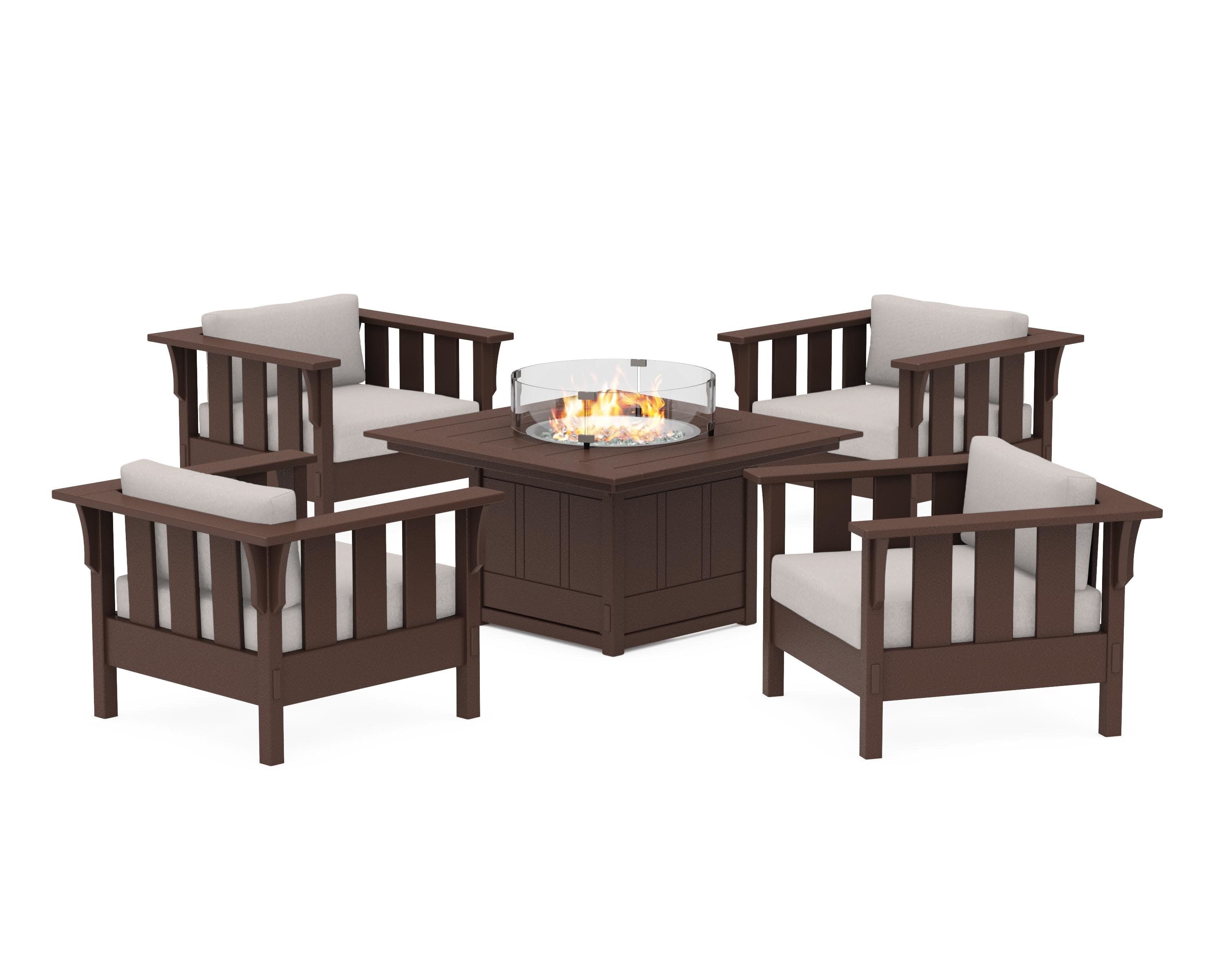 Acadia 5-Piece Deep Seating Set with Fire Pit Table in Mahogany / Dune Burlap