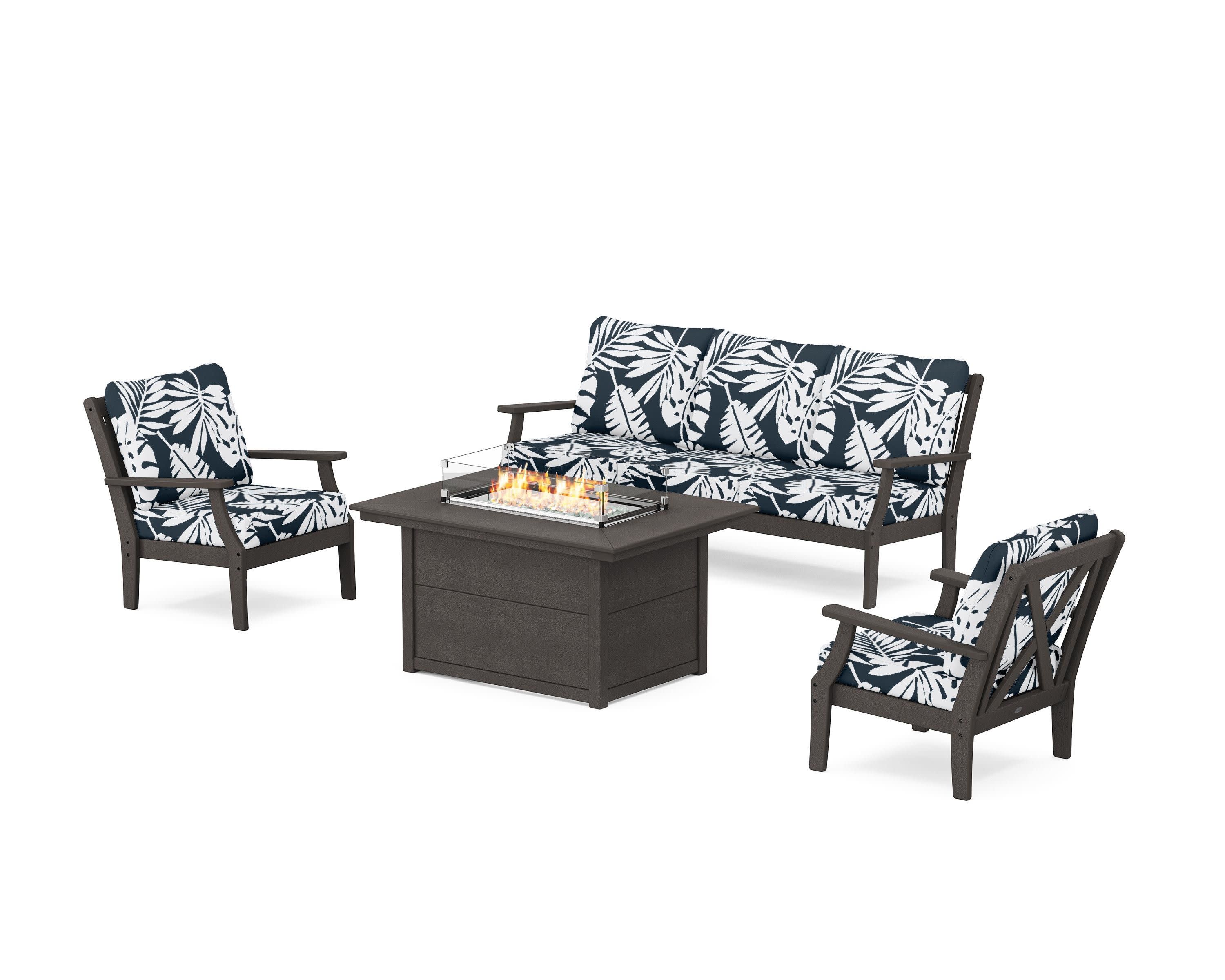 Braxton Deep Seating Fire Pit Table Set in Vintage Coffee / Leaf Marine Indigo