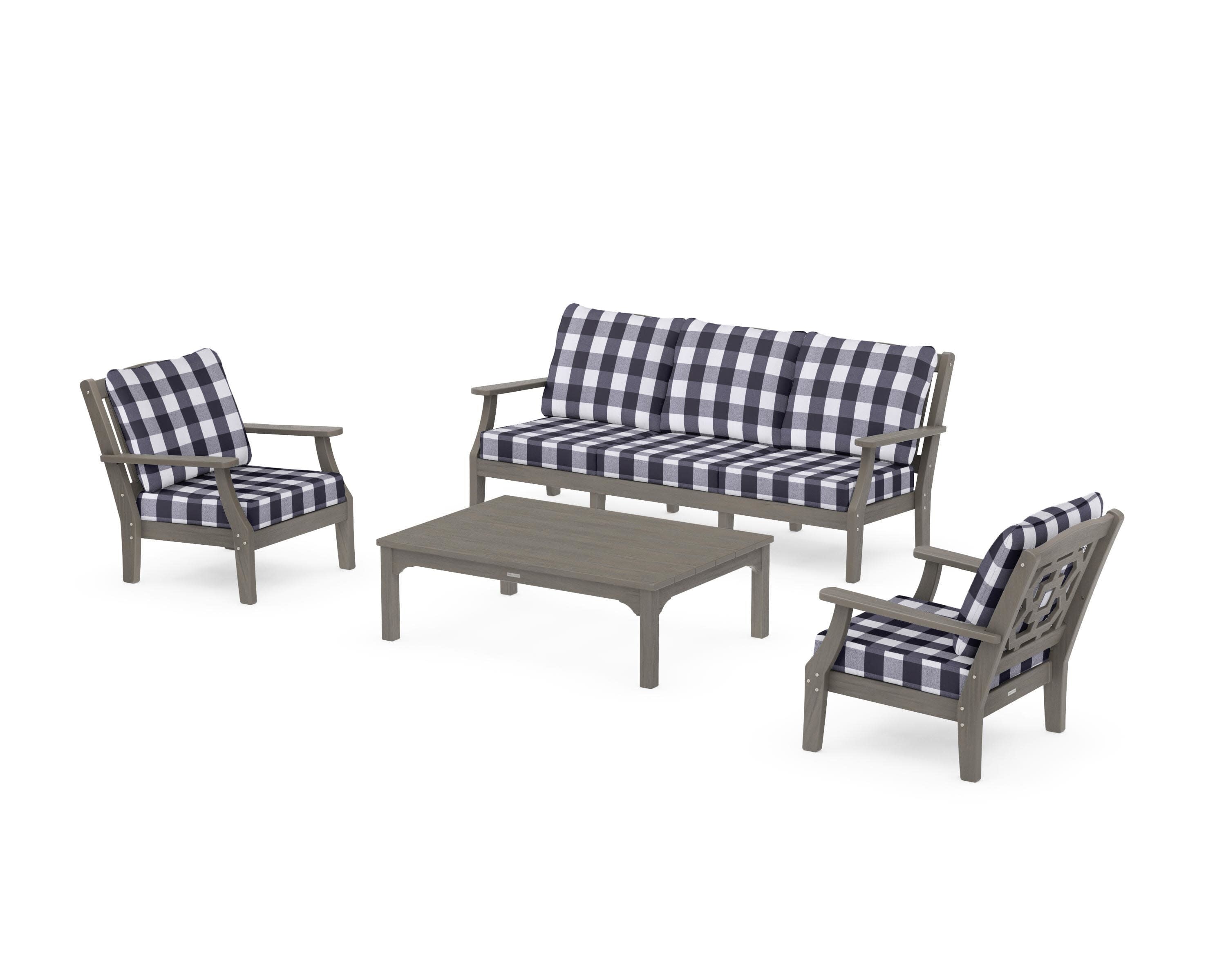 Chinoiserie 4-Piece Deep Seating Set with Sofa in Driftwood / Buffalo Plaid Navy