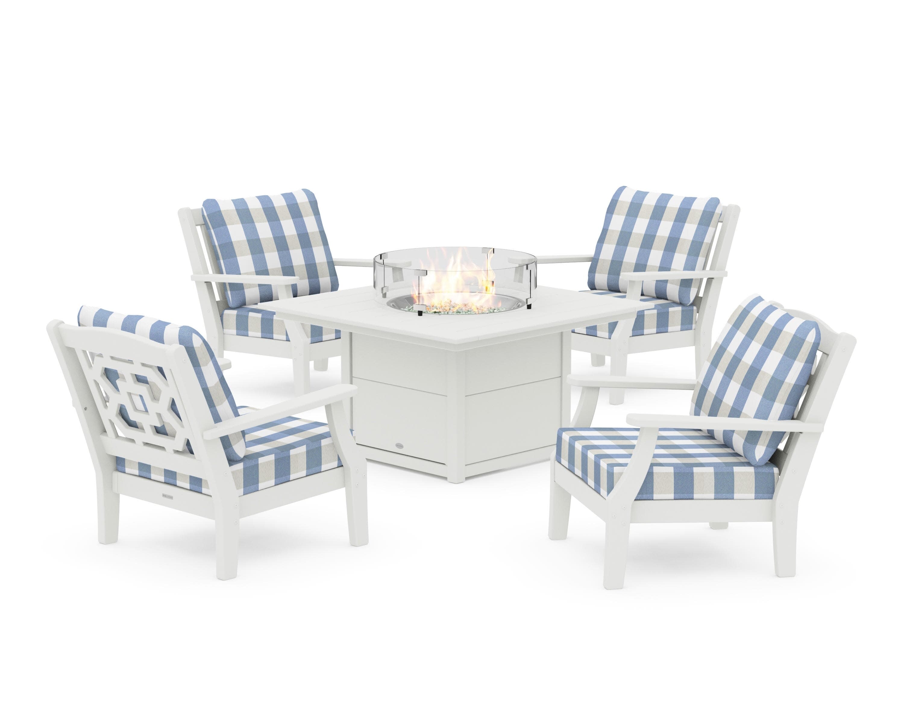 Chinoiserie 5-Piece Deep Seating Set with Fire Pit Table in Vintage White / Buffalo Plaid Sky Blue