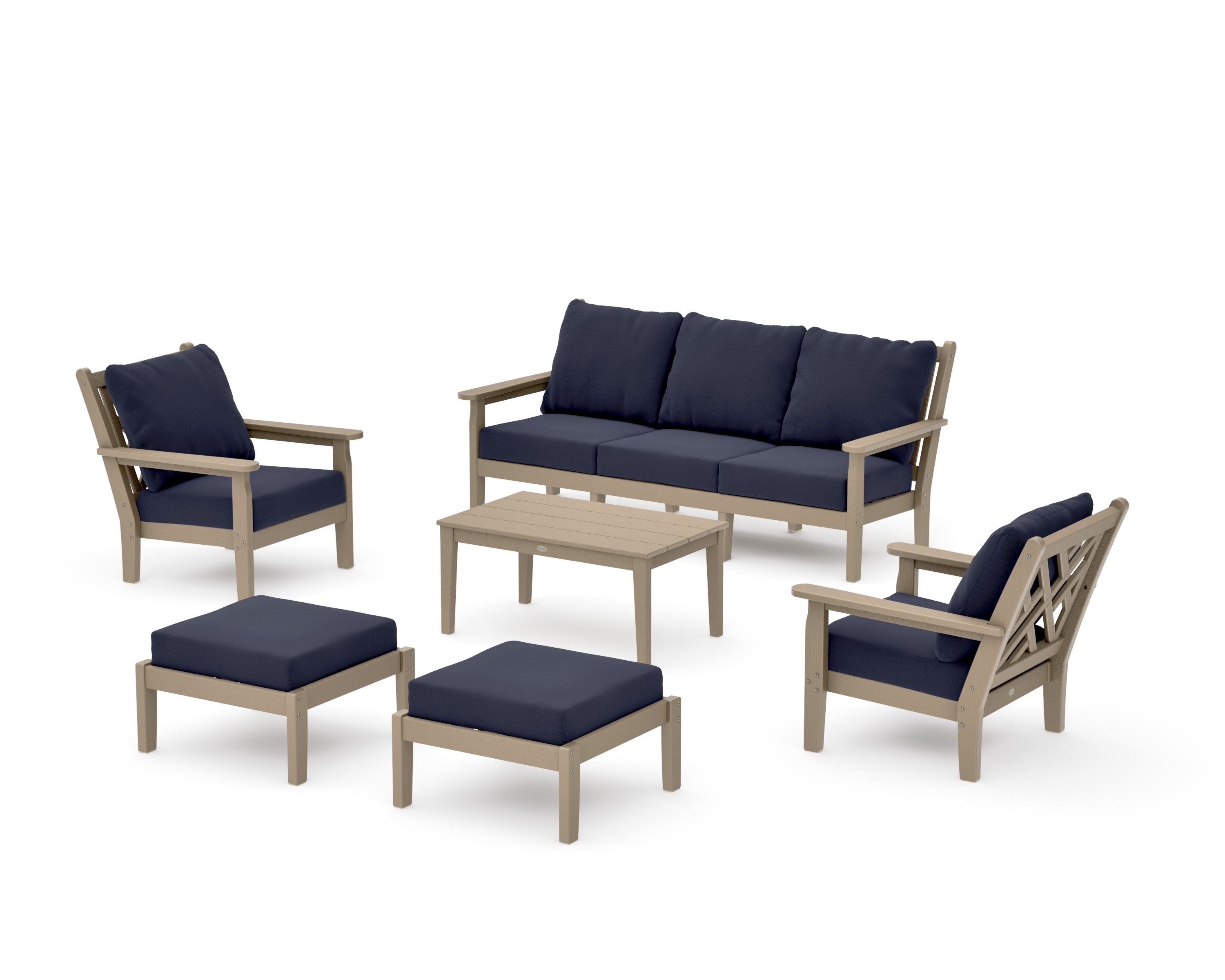 Chippendale 6-Piece Lounge Sofa Set in Vintage Sahara / Navy Linen