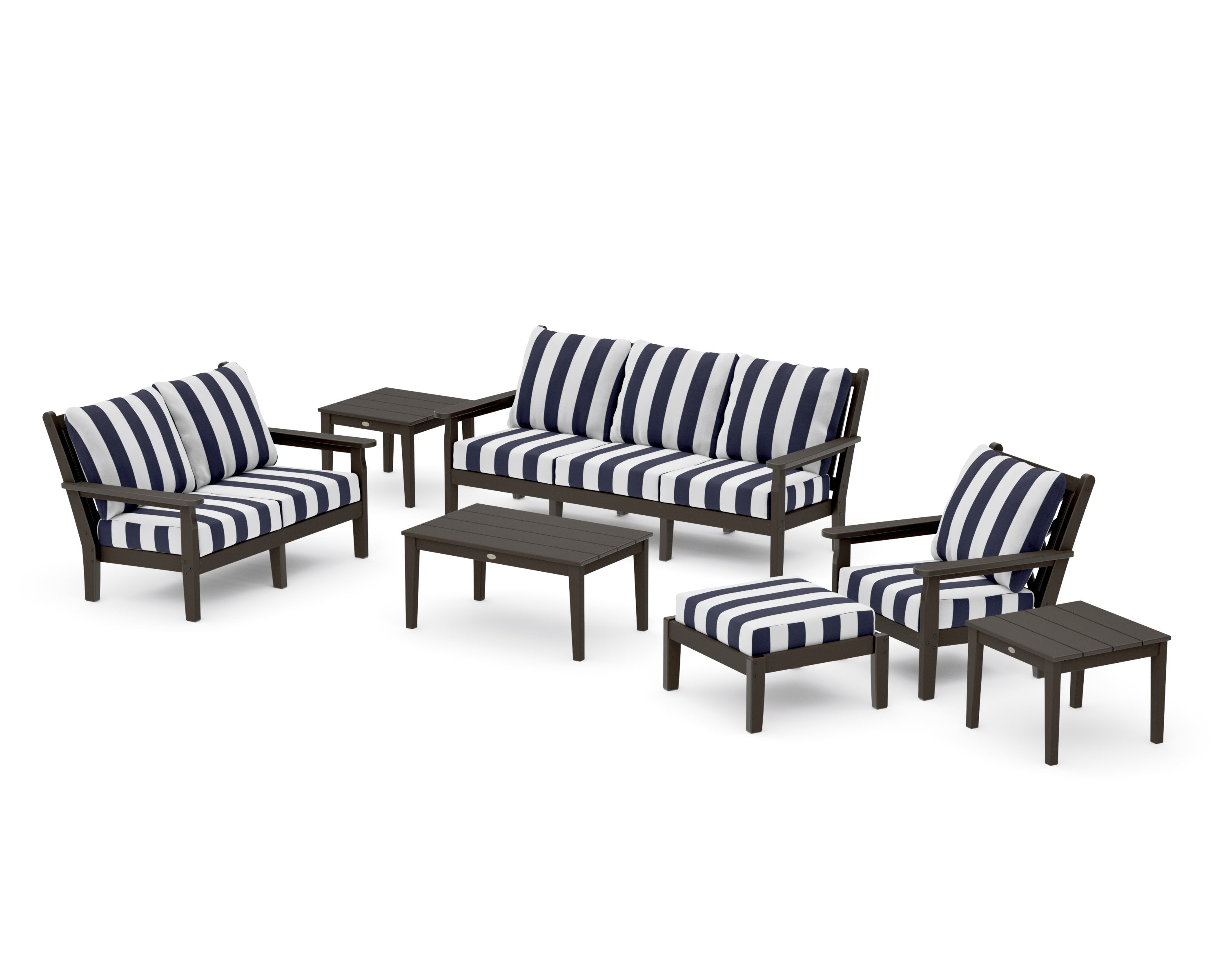 Chippendale 7-Piece Deep Seating Set in Vintage Coffee / Cabana Stripe Navy