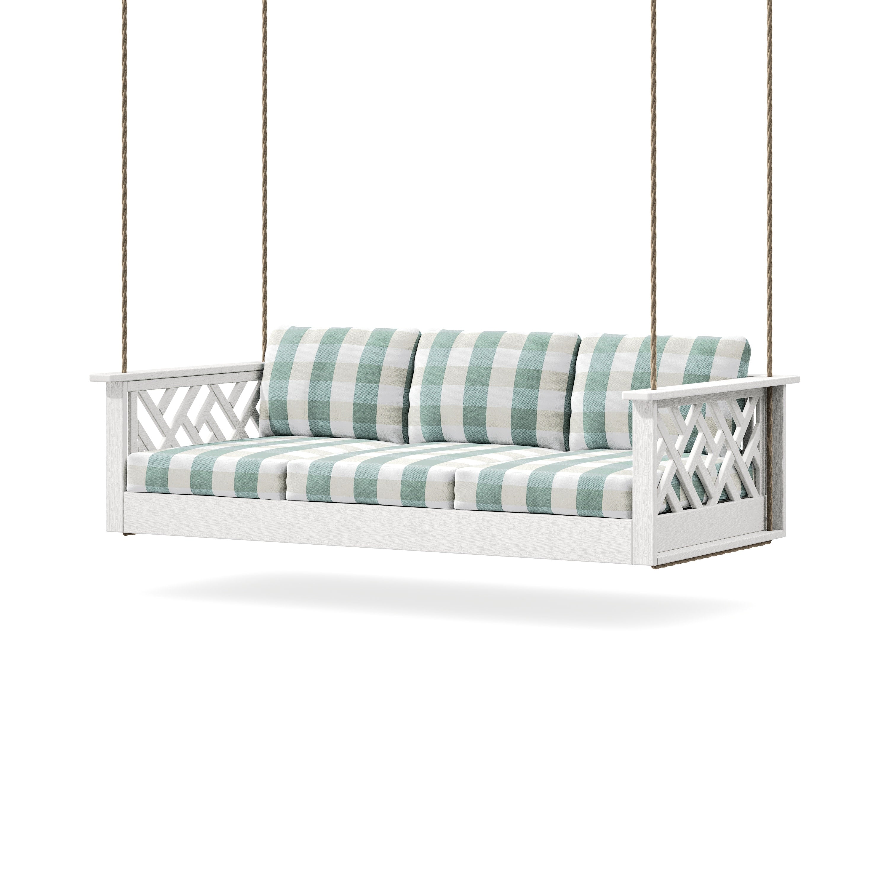 Chippendale Daybed Swing in Vintage White / Buffalo Plaid Glacier Spa