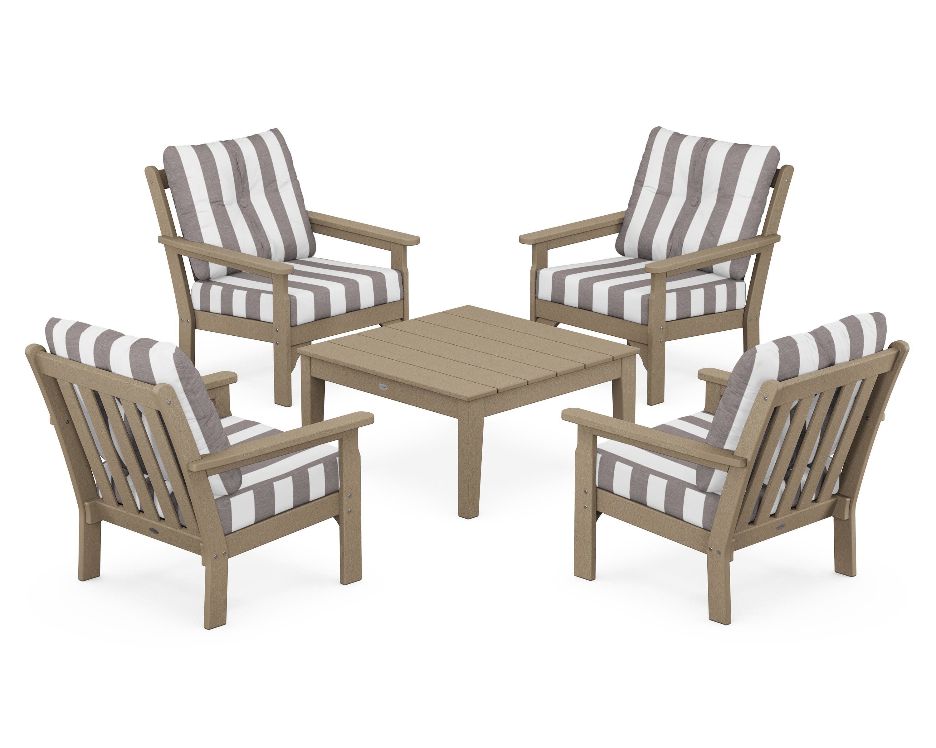 Vineyard 5-Piece Deep Seating Conversation Set in Vintage Sahara / Cabana Stripe Grey Mist
