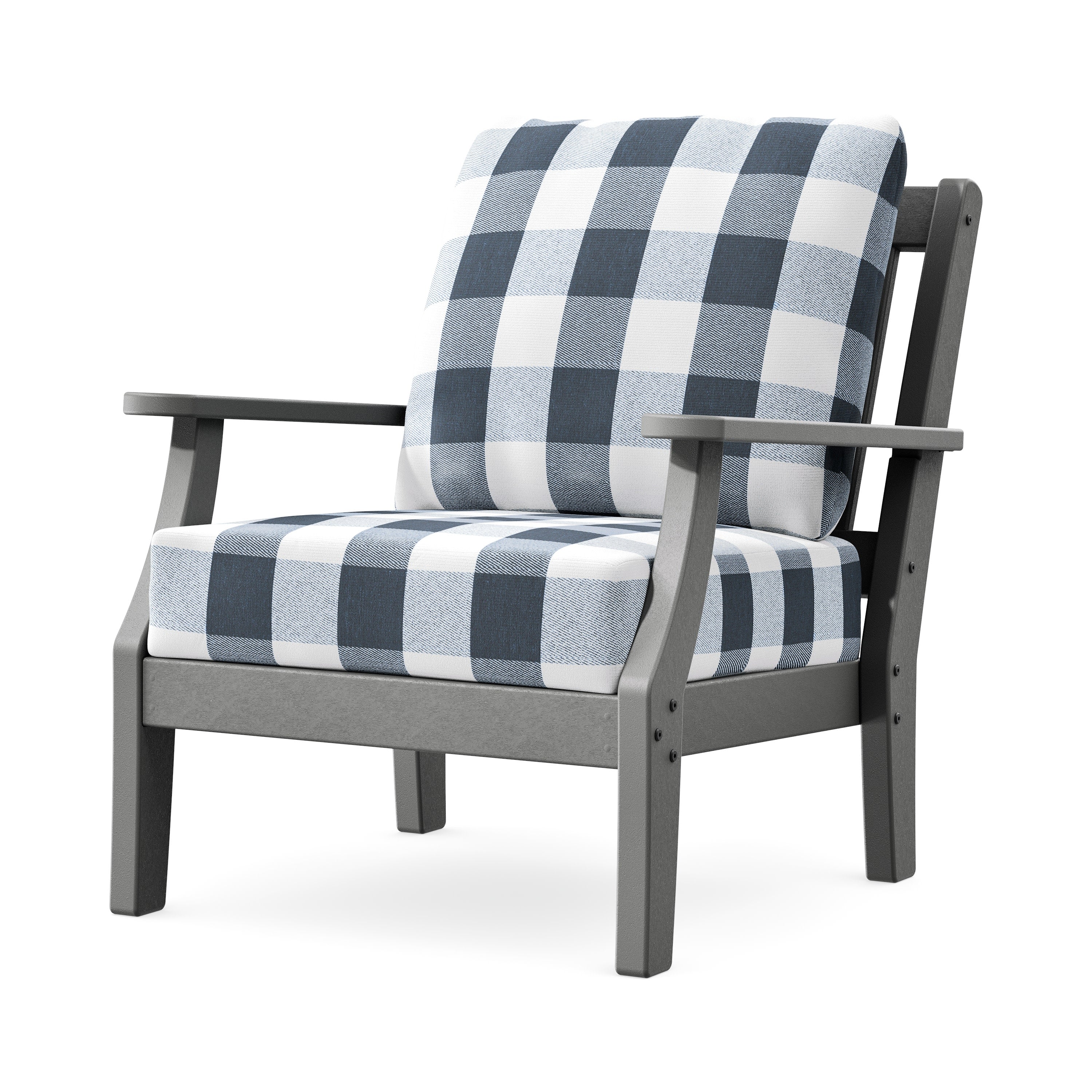 Chinoiserie Deep Seating Chair in Slate Grey / Buffalo Plaid Marine Indigo
