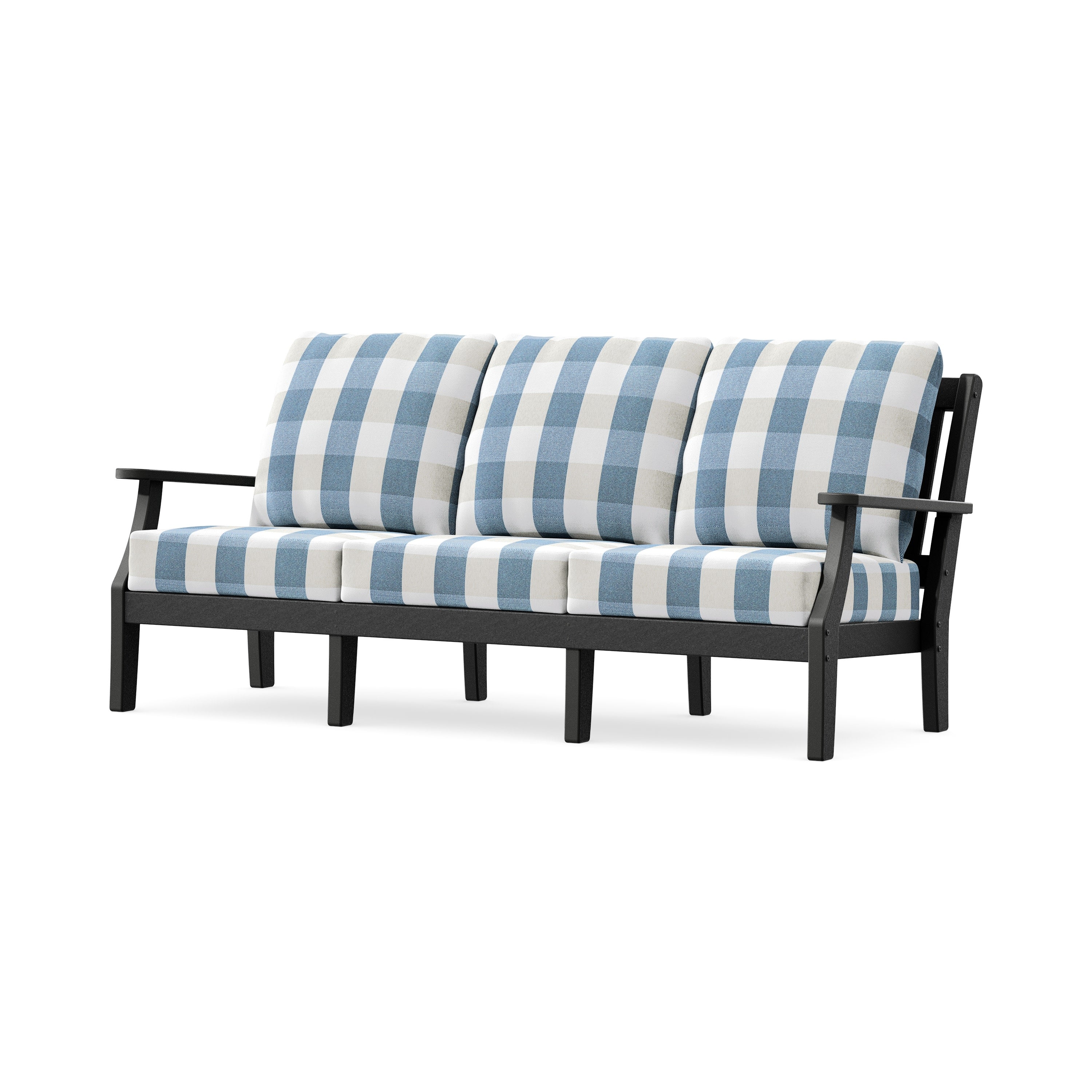 Chinoiserie Deep Seating Sofa in Black / Buffalo Plaid Sky Blue