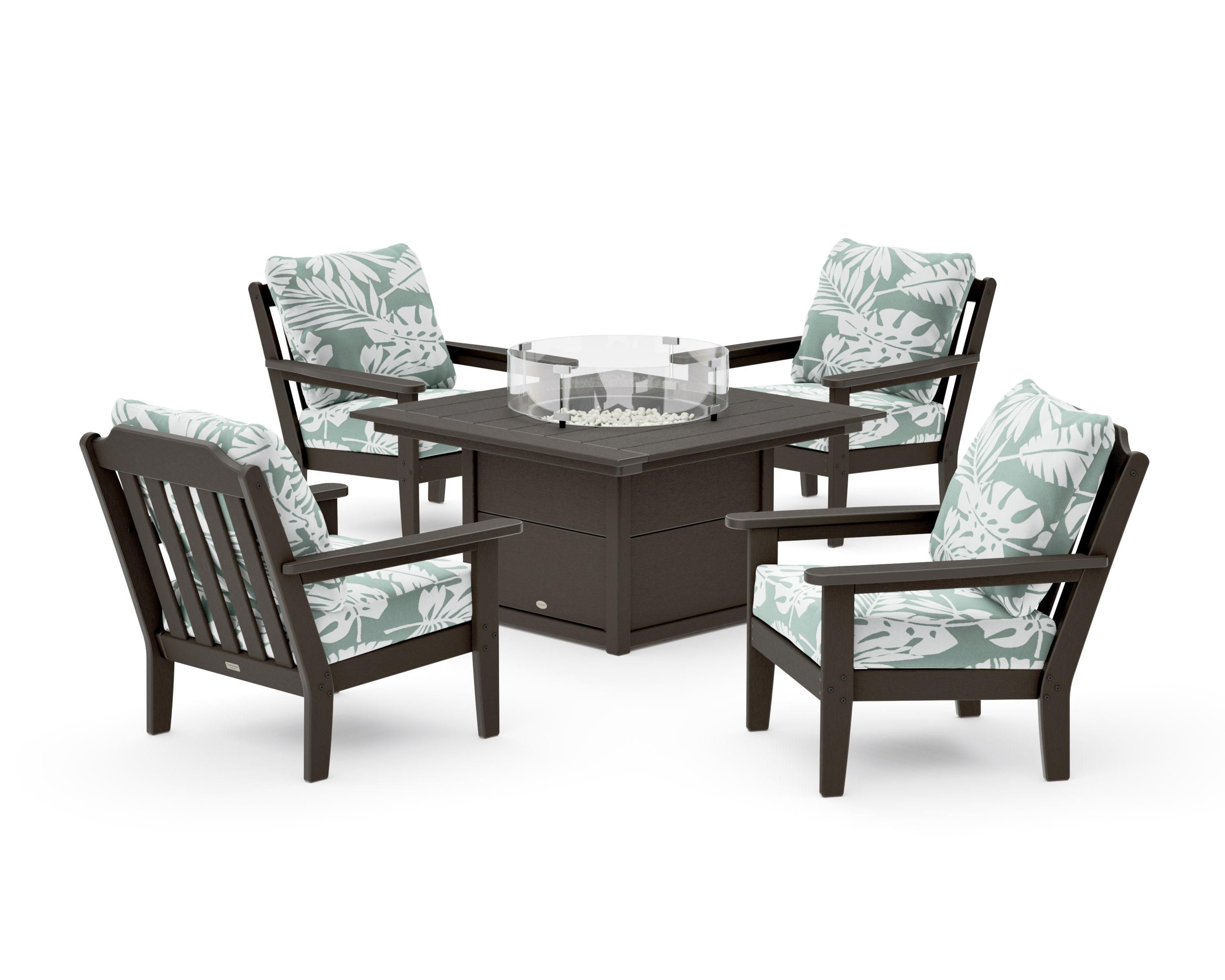 Cottage 5-Piece Deep Seating Set with Fire Pit Table in Vintage Coffee / Leaf Glacier Spa