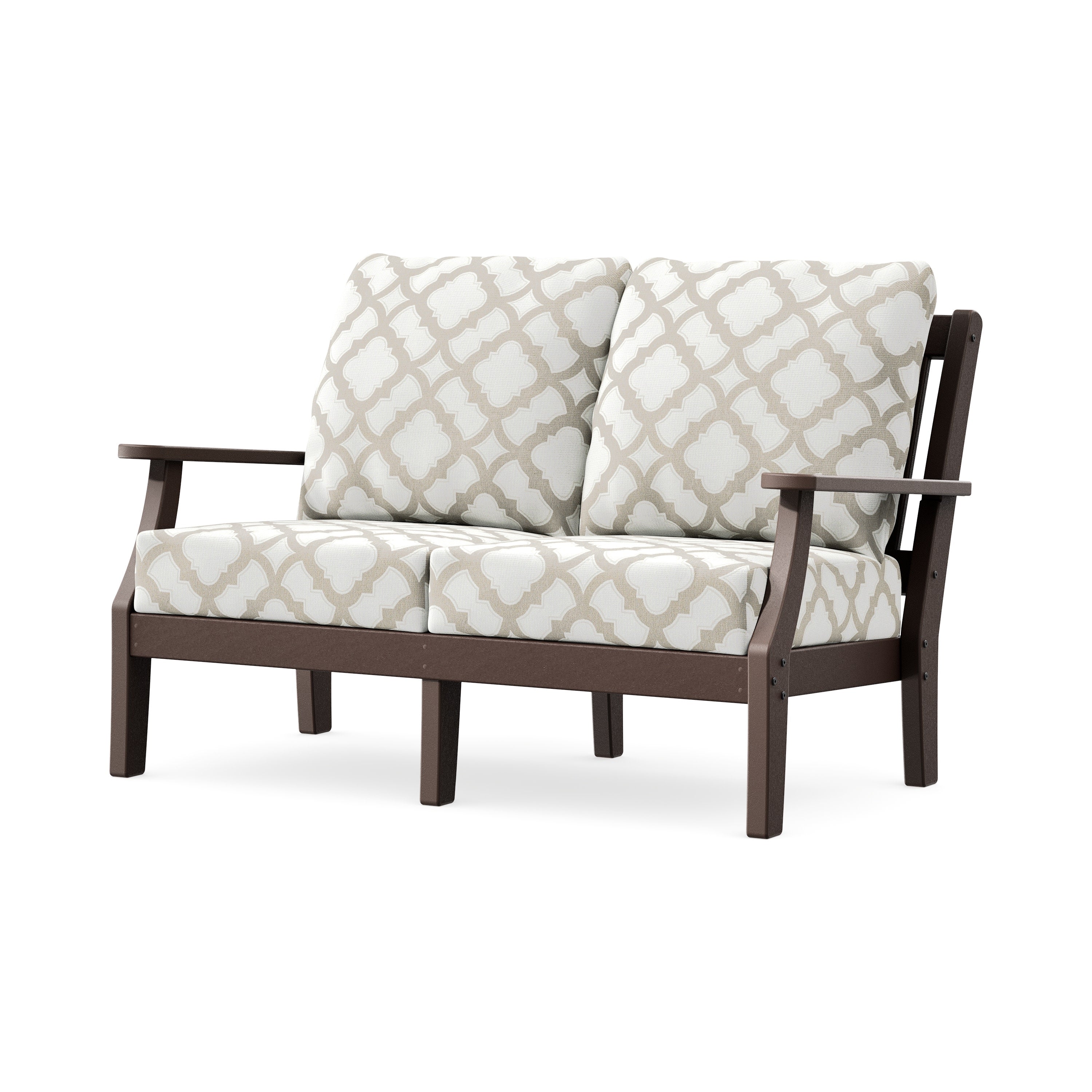 Chinoiserie Deep Seating Loveseat in Mahogany / Trellis Dune Burlap