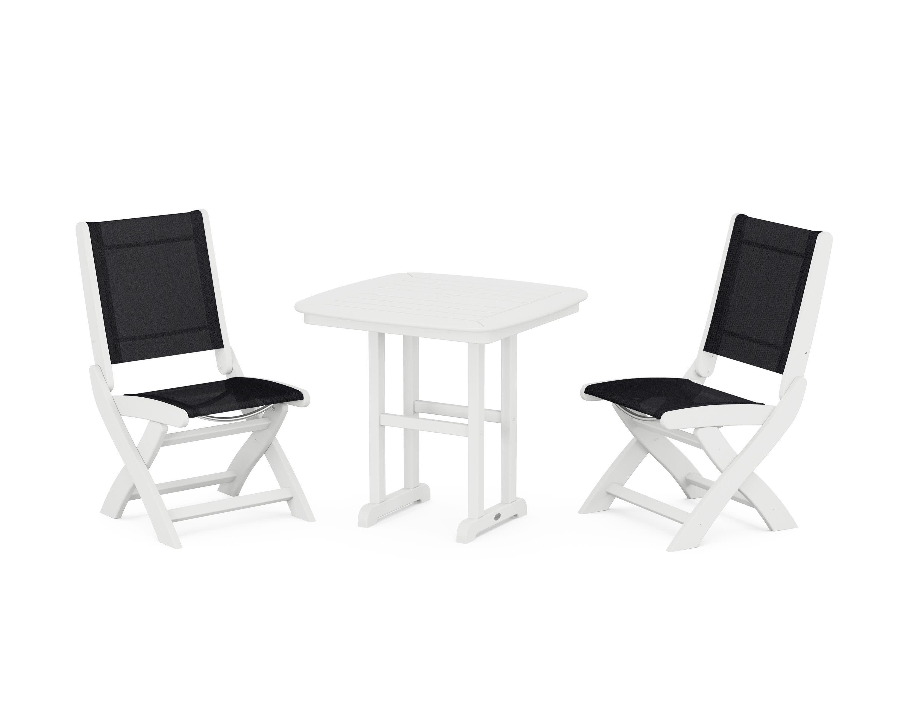 Coastal Folding Side Chair 3-Piece Dining Set in White / Black Sling