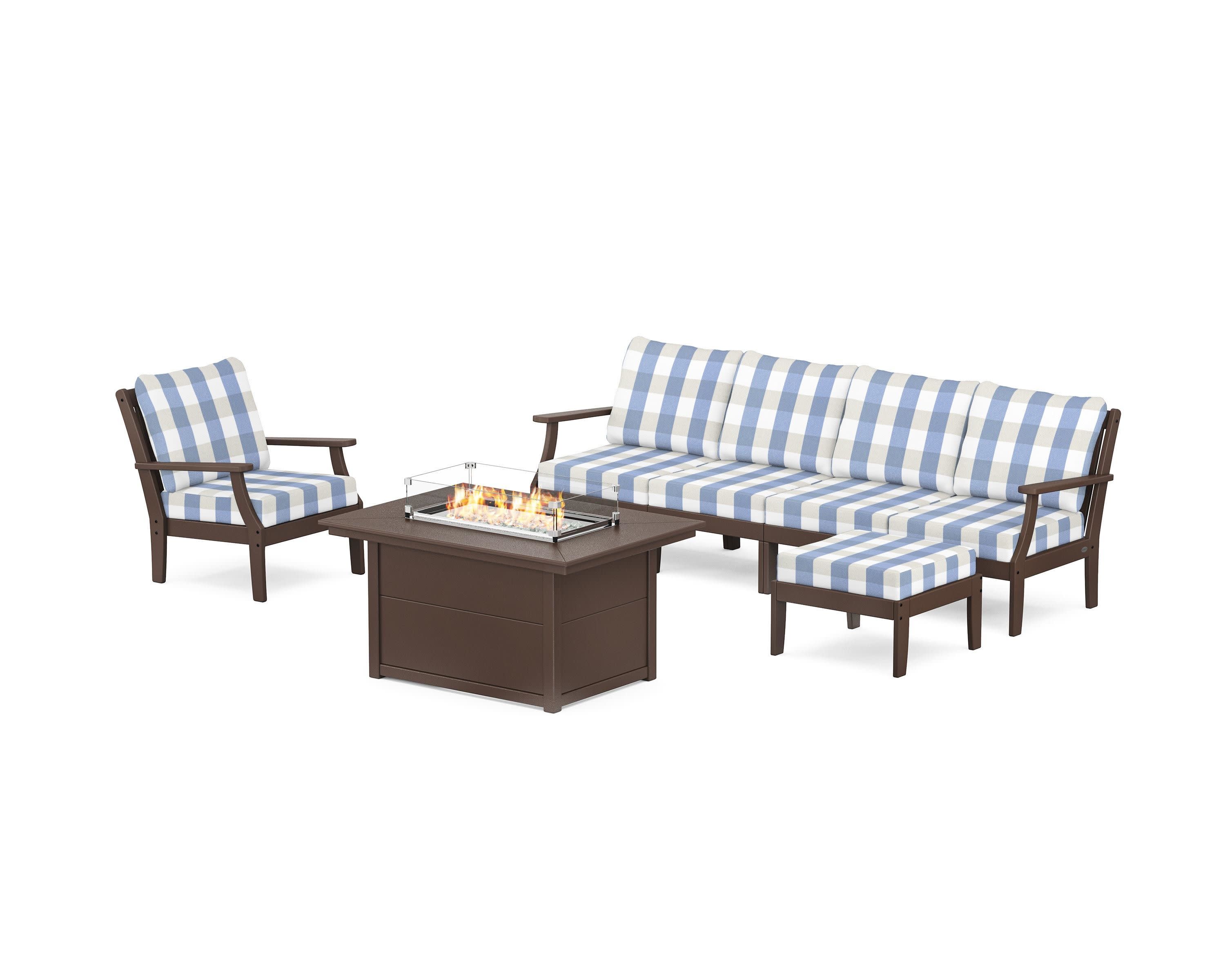 Braxton Sectional Lounge and Fire Pit Set in Mahogany / Buffalo Plaid Sky Blue