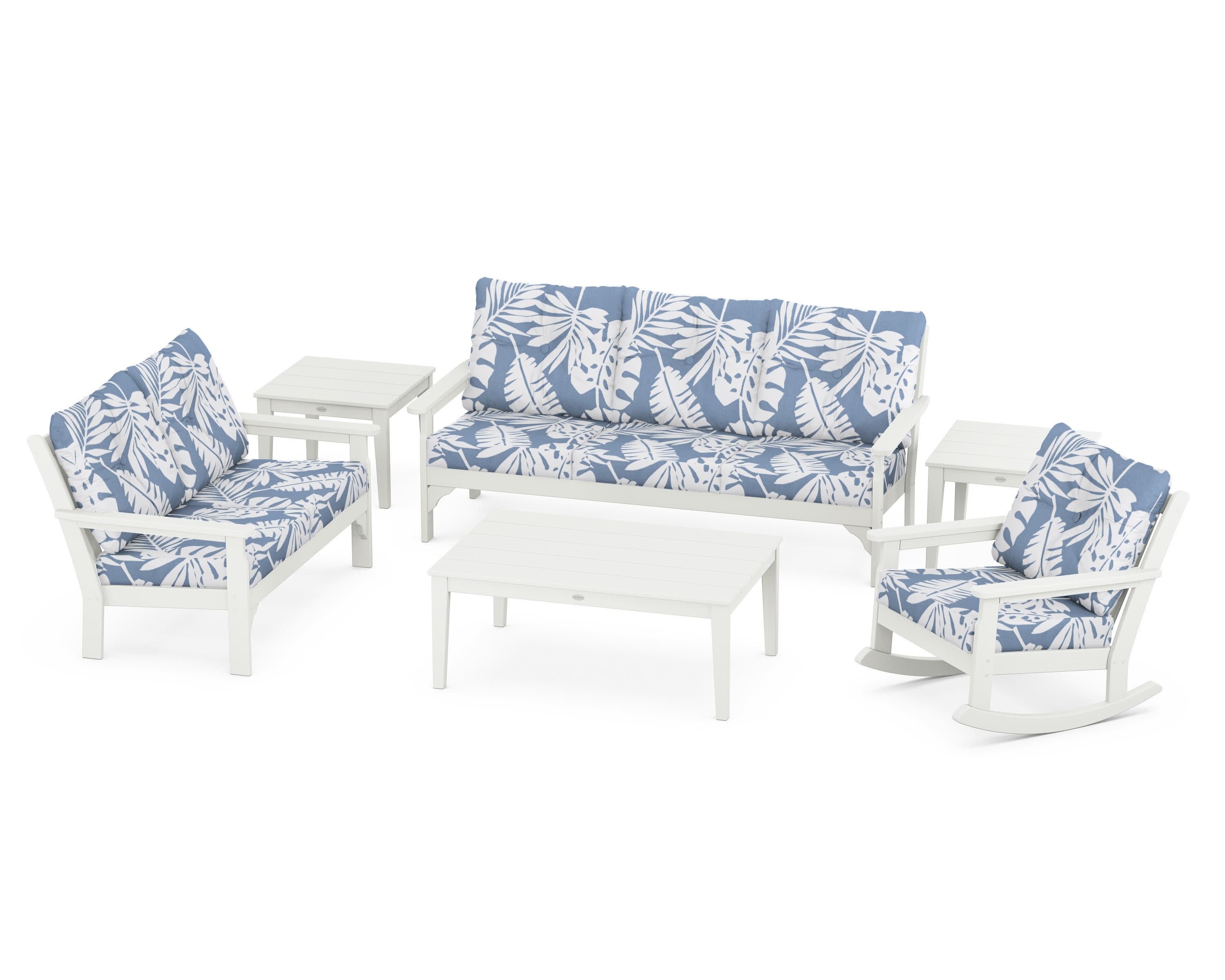 Vineyard 6-Piece Deep Seating Set in Vintage White / Leaf Sky Blue