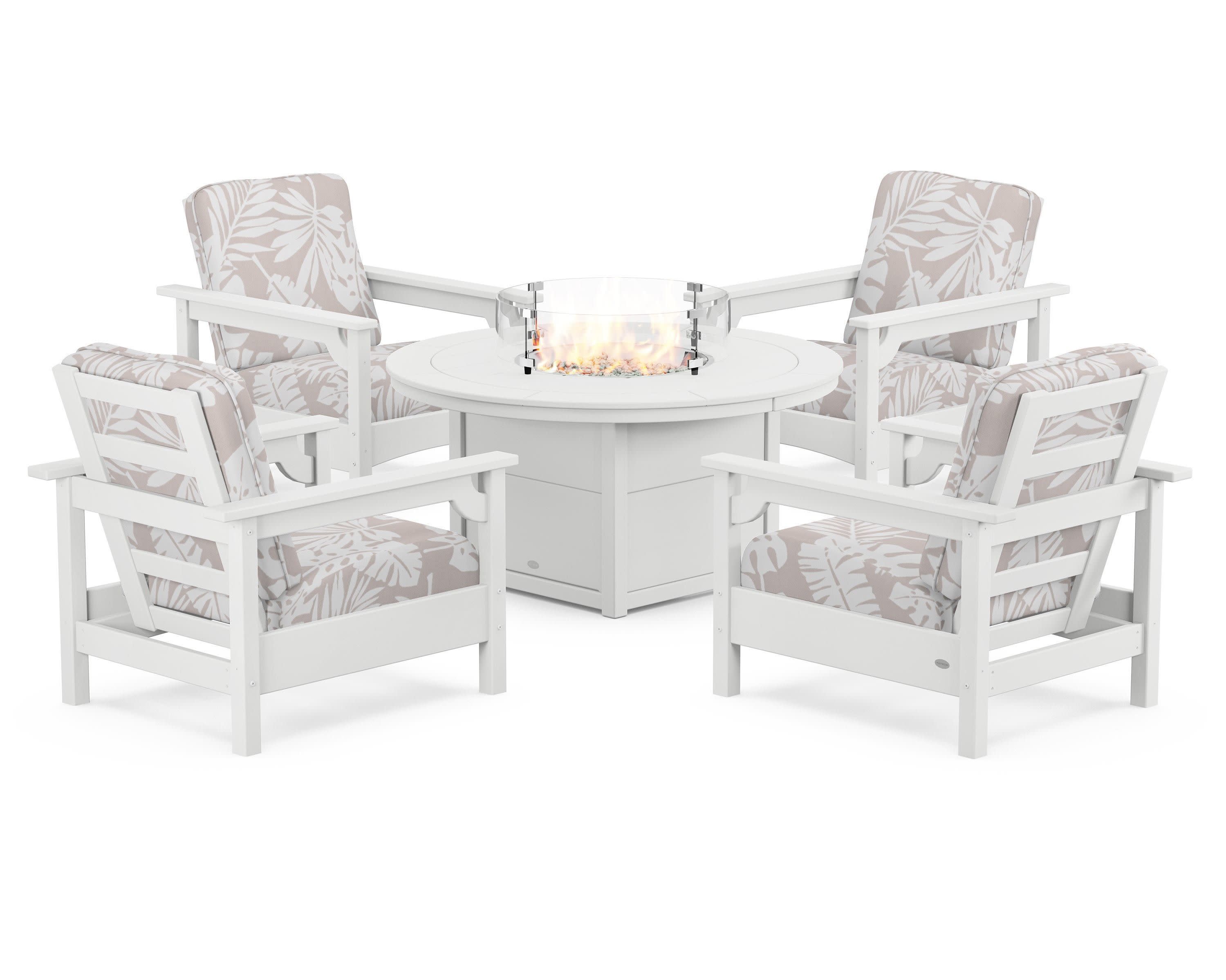 Club 5-Piece Conversation Set with Fire Pit Table in White / Leaf Dune Burlap