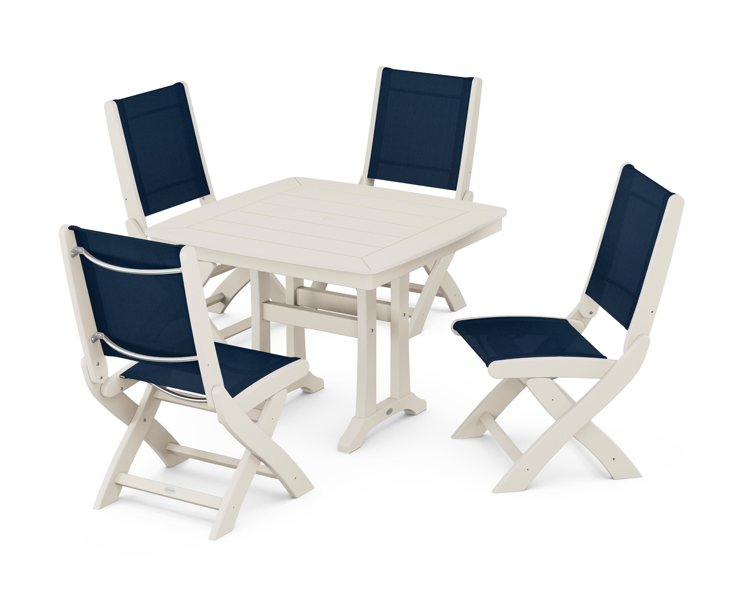 Coastal Folding Side Chair 5-Piece Dining Set with Trestle Legs in Sand / Navy Blue Sling