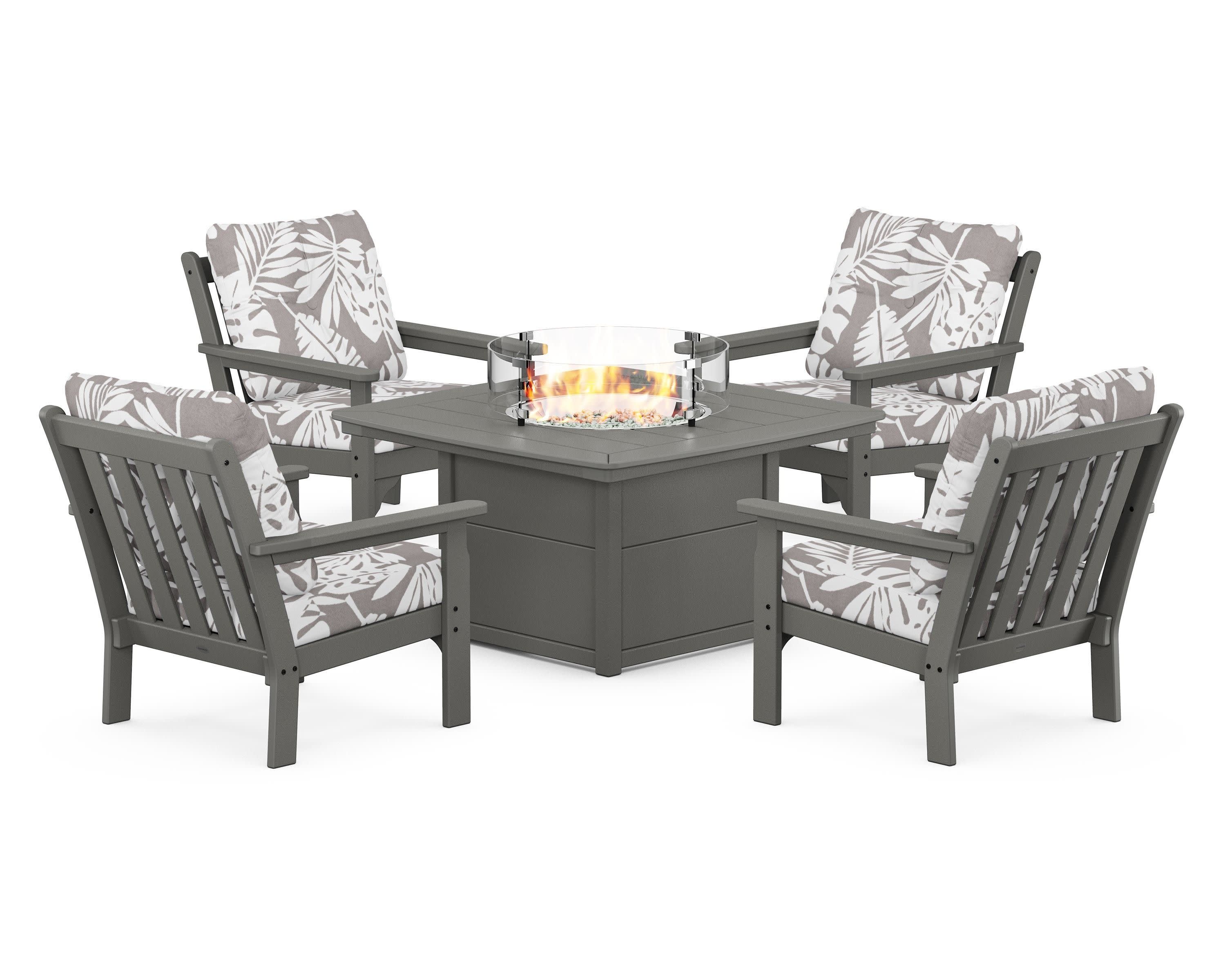 Vineyard 5-Piece Conversation Set with Fire Pit Table in Slate Grey / Leaf Grey Mist