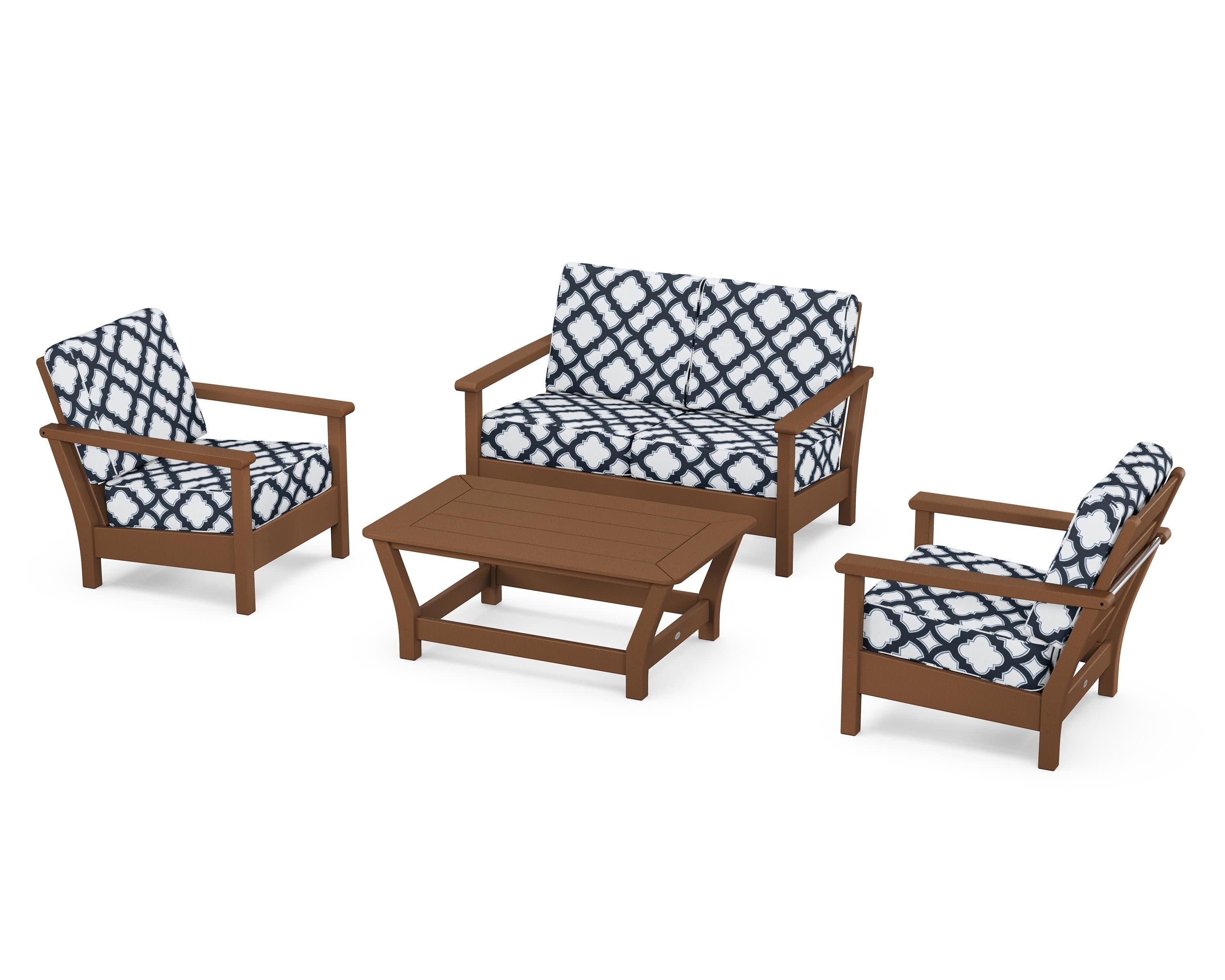 Harbour 4-Piece Deep Seating Set in Teak / Trellis Marine Indigo