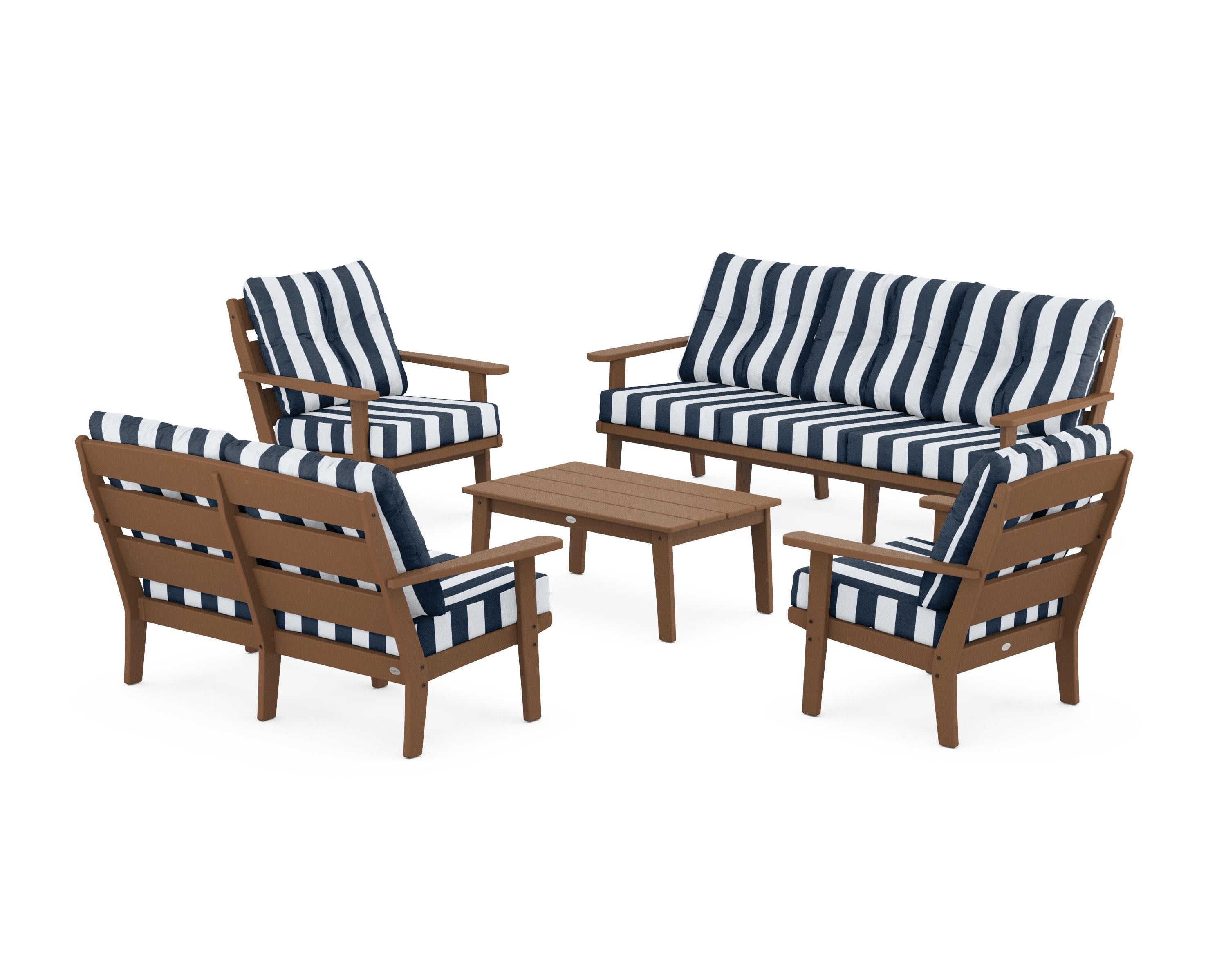 Lakeside 5-Piece Lounge Sofa Set in Teak / Cabana Stripe Marine Indigo