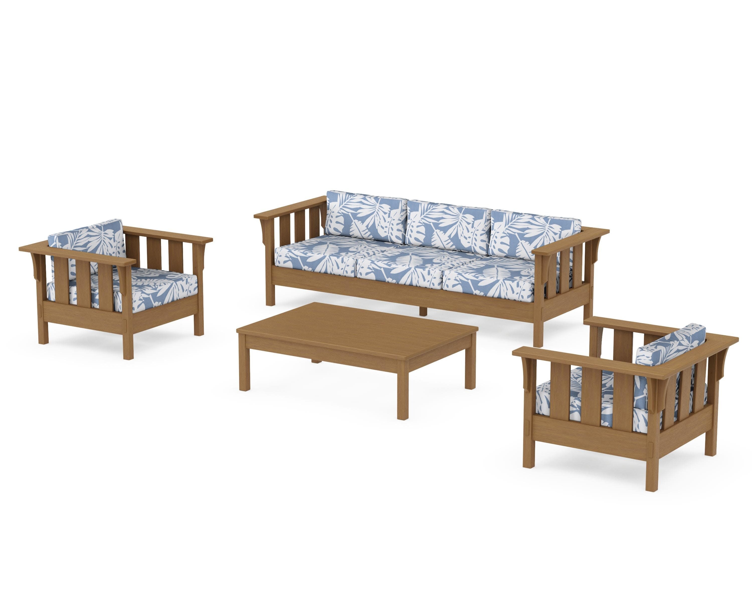 Acadia 4-Piece Deep Seating Set with Sofa in Natural / Leaf Sky Blue