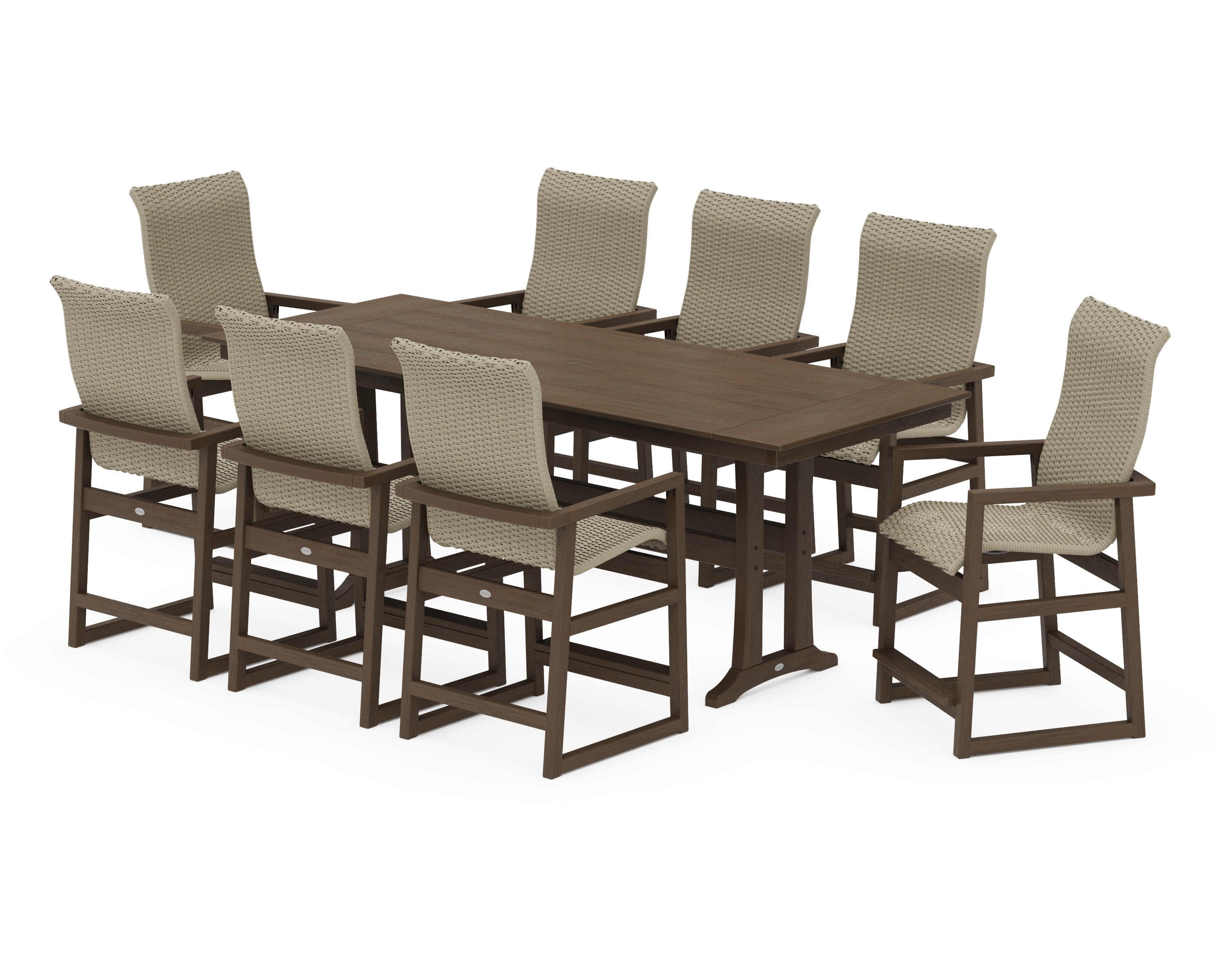 EDGE Woven Highback 9-Piece Farmhouse Counter Set with Trestle Legs in Kona / Dune Grass