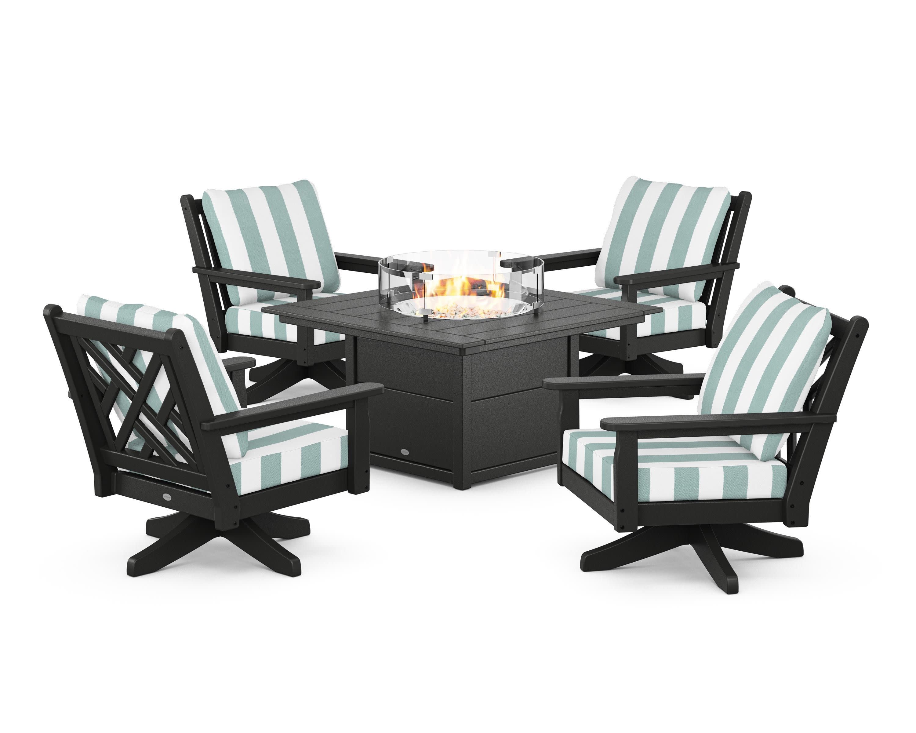 Chippendale 5-Piece Deep Seating Swivel Conversation Set with Fire Pit Table in Black / Cabana Stripe Glacier Spa