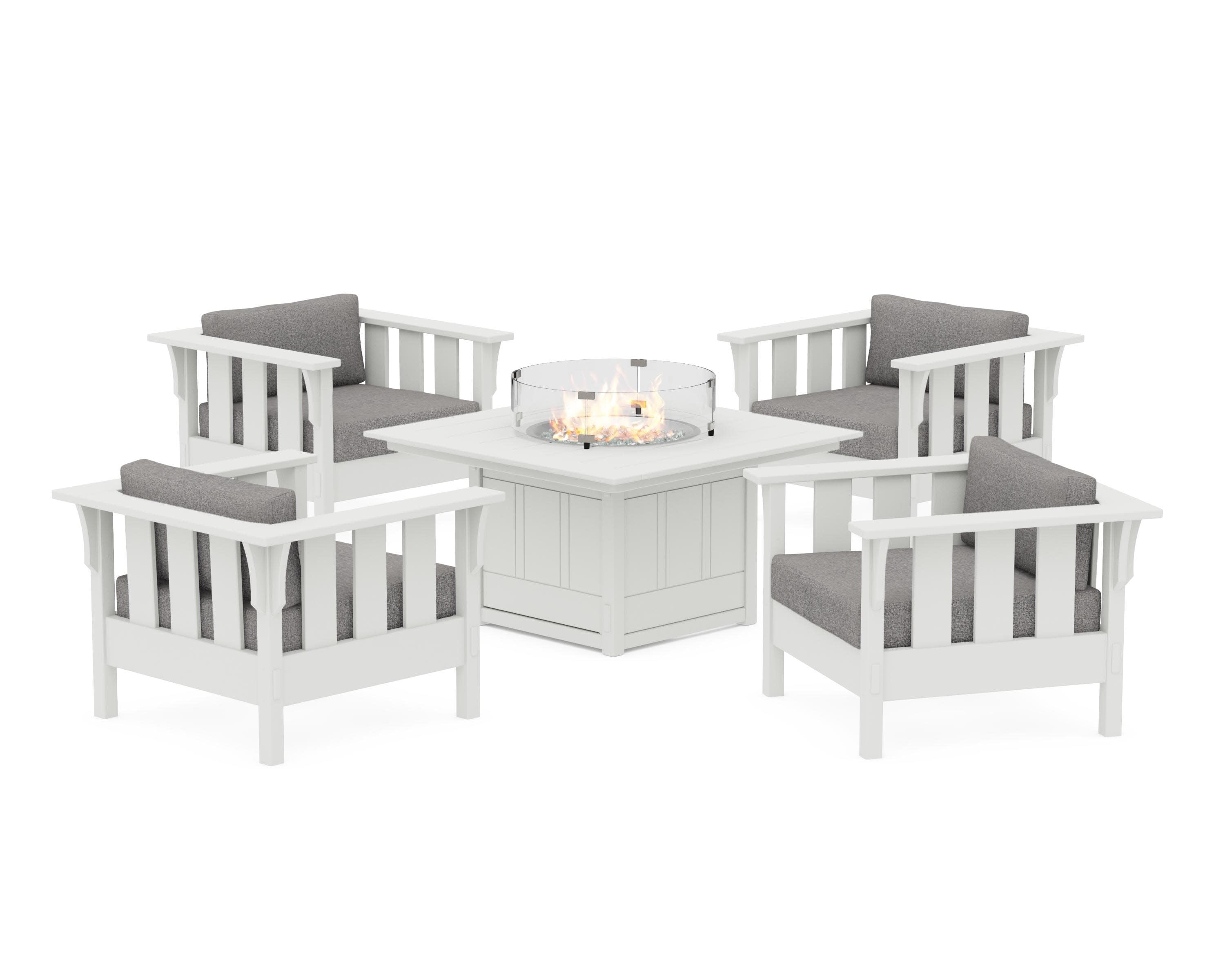 Acadia 5-Piece Deep Seating Set with Fire Pit Table in Vintage White / Grey Mist