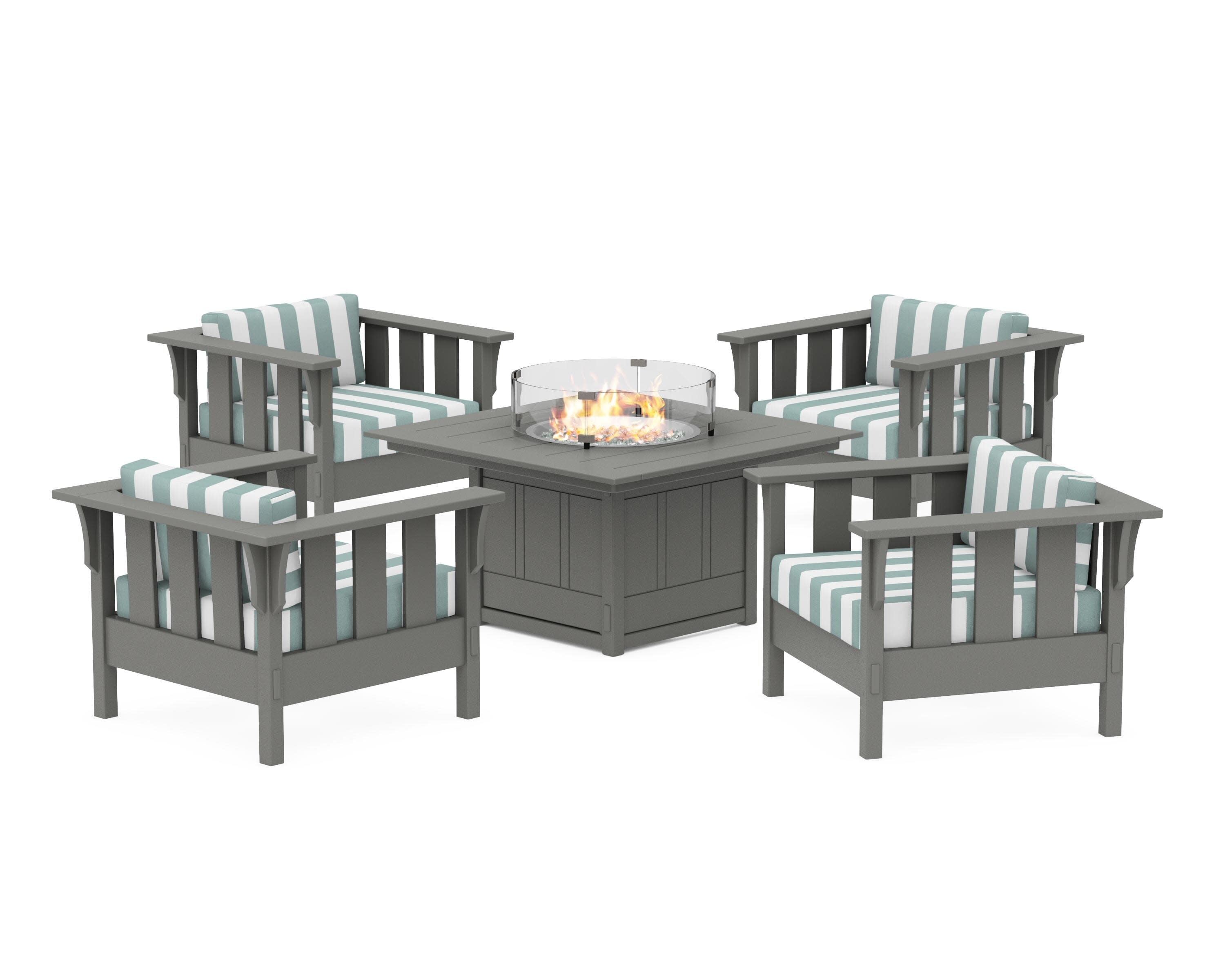 Acadia 5-Piece Deep Seating Set with Fire Pit Table in Slate Grey / Cabana Stripe Glacier Spa