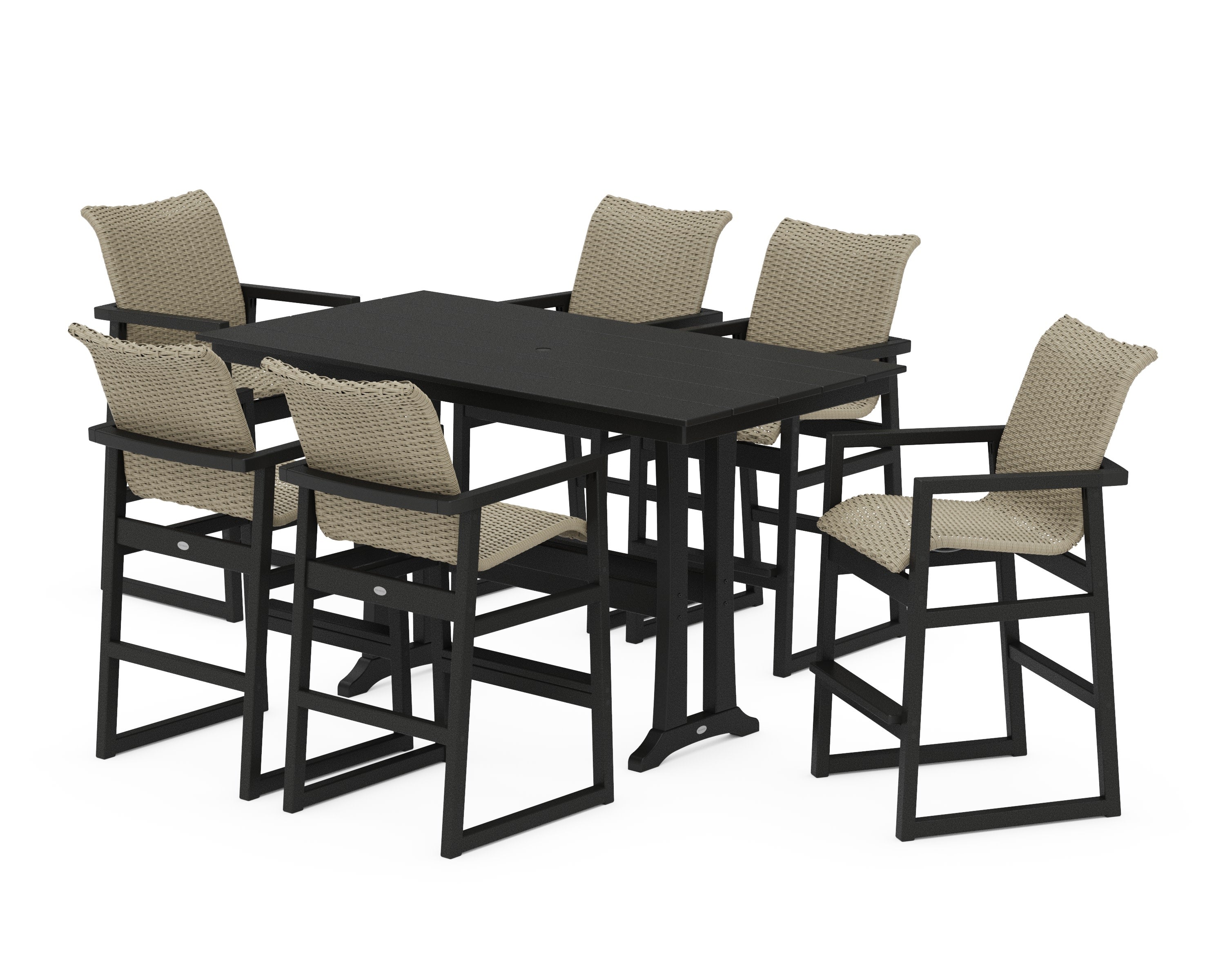 EDGE Woven Arm Chair 7-Piece Farmhouse Bar Set with Trestle Legs in Black / Dune Grass