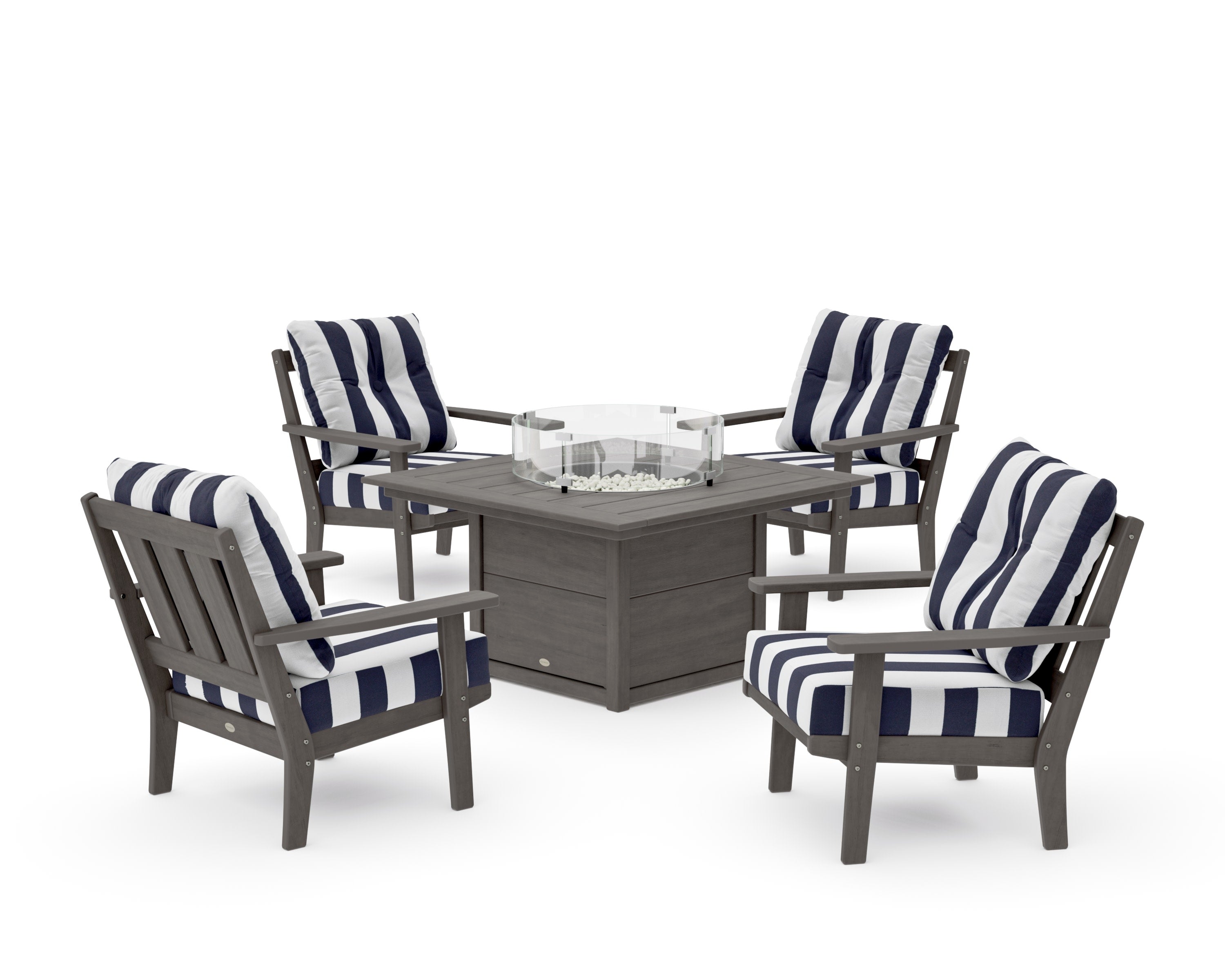 Oxford 5-Piece Deep Seating Set with Fire Pit Table in Driftwood / Cabana Stripe Navy