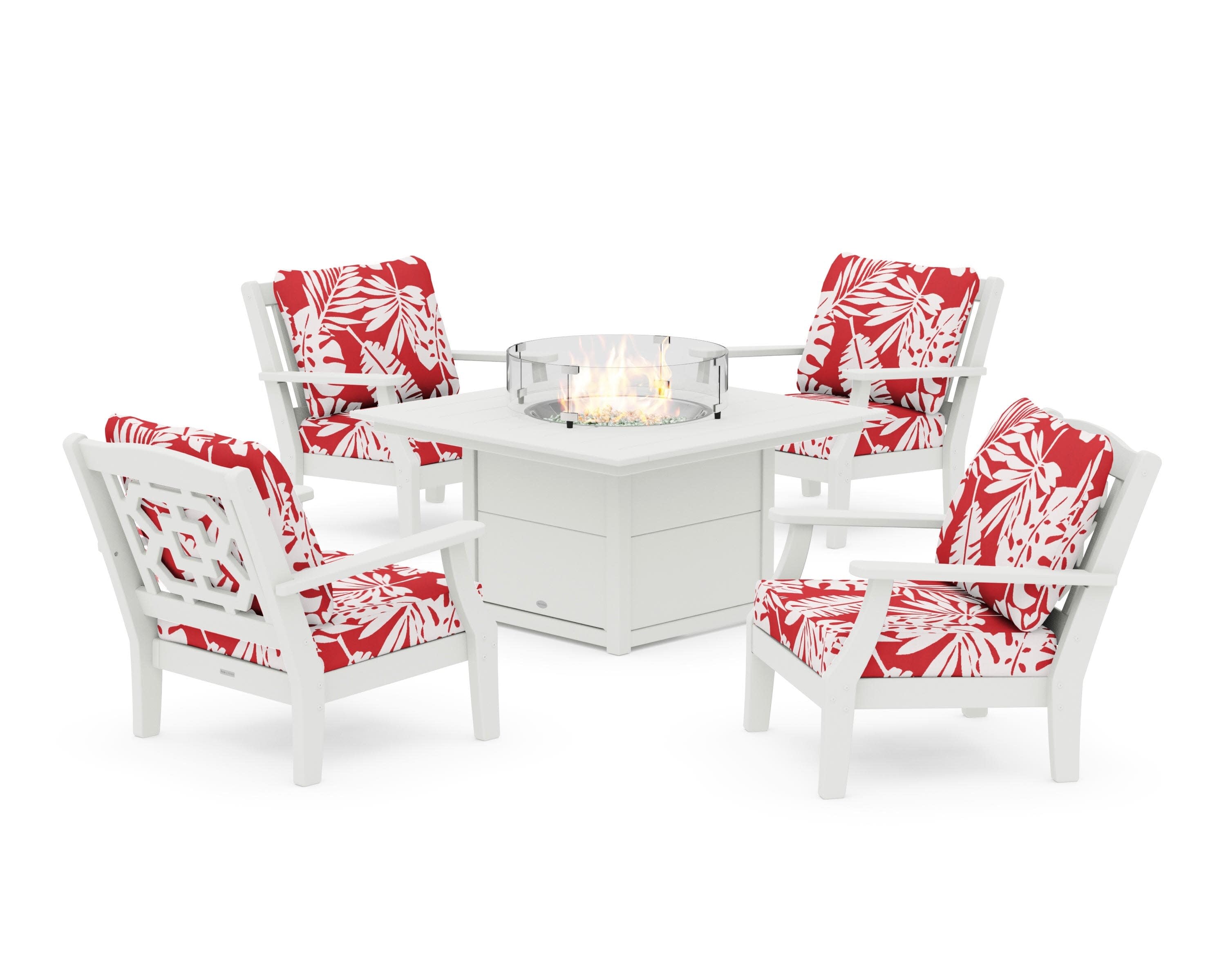 Chinoiserie 5-Piece Deep Seating Set with Fire Pit Table in Vintage White / Leaf Crimson