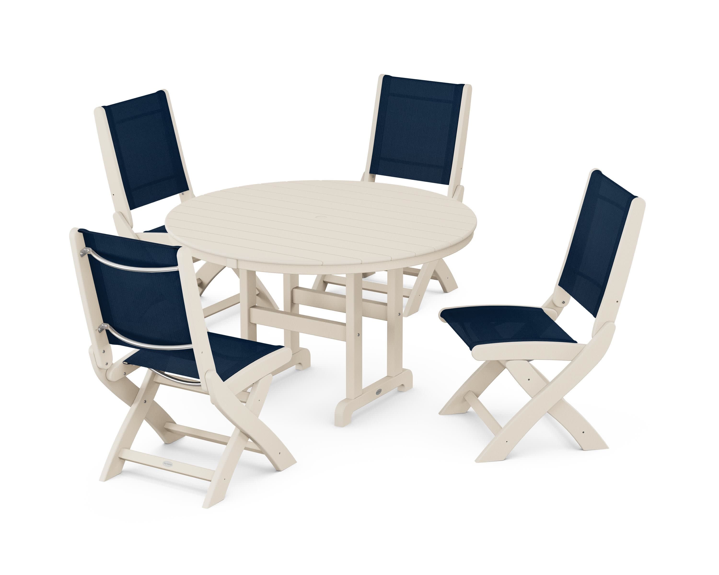 Coastal Folding Side Chair 5-Piece Round Dining Set in Sand / Navy Blue Sling
