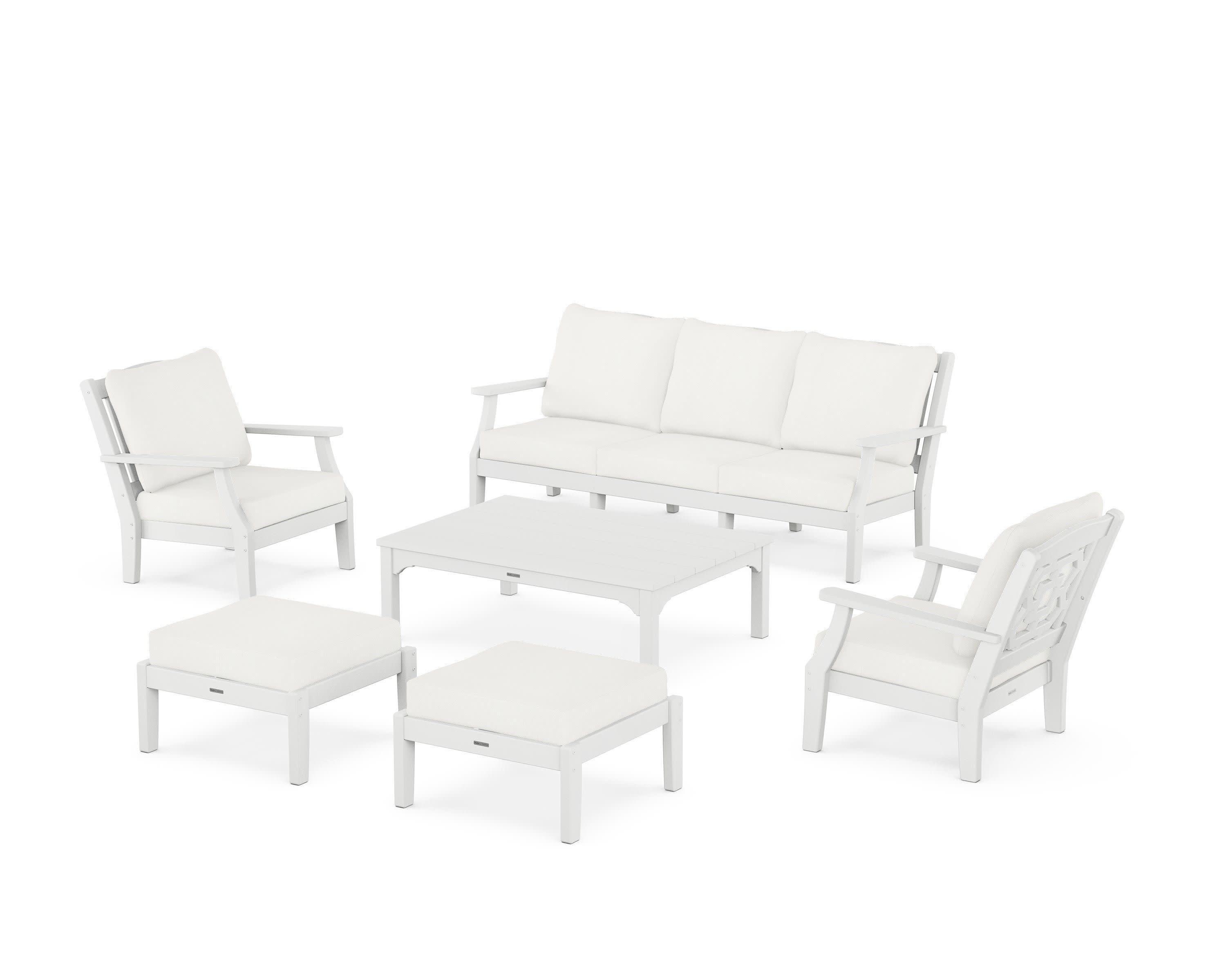 Chinoiserie 6-Piece Lounge Sofa Set in White / Natural Linen