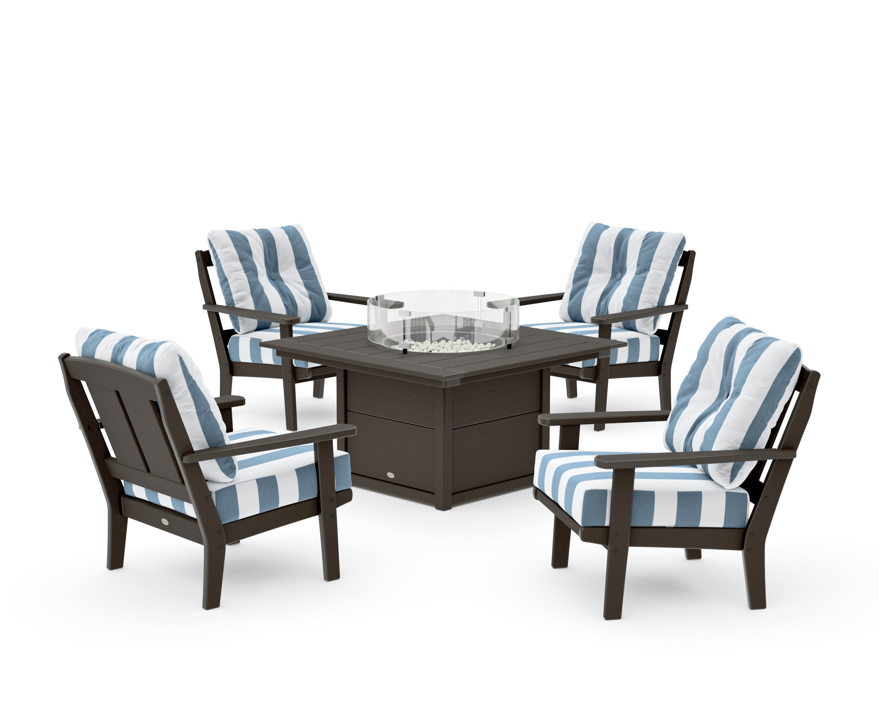 Mission 5-Piece Deep Seating Set with Fire Pit Table in Vintage Coffee / Cabana Stripe Sky Blue