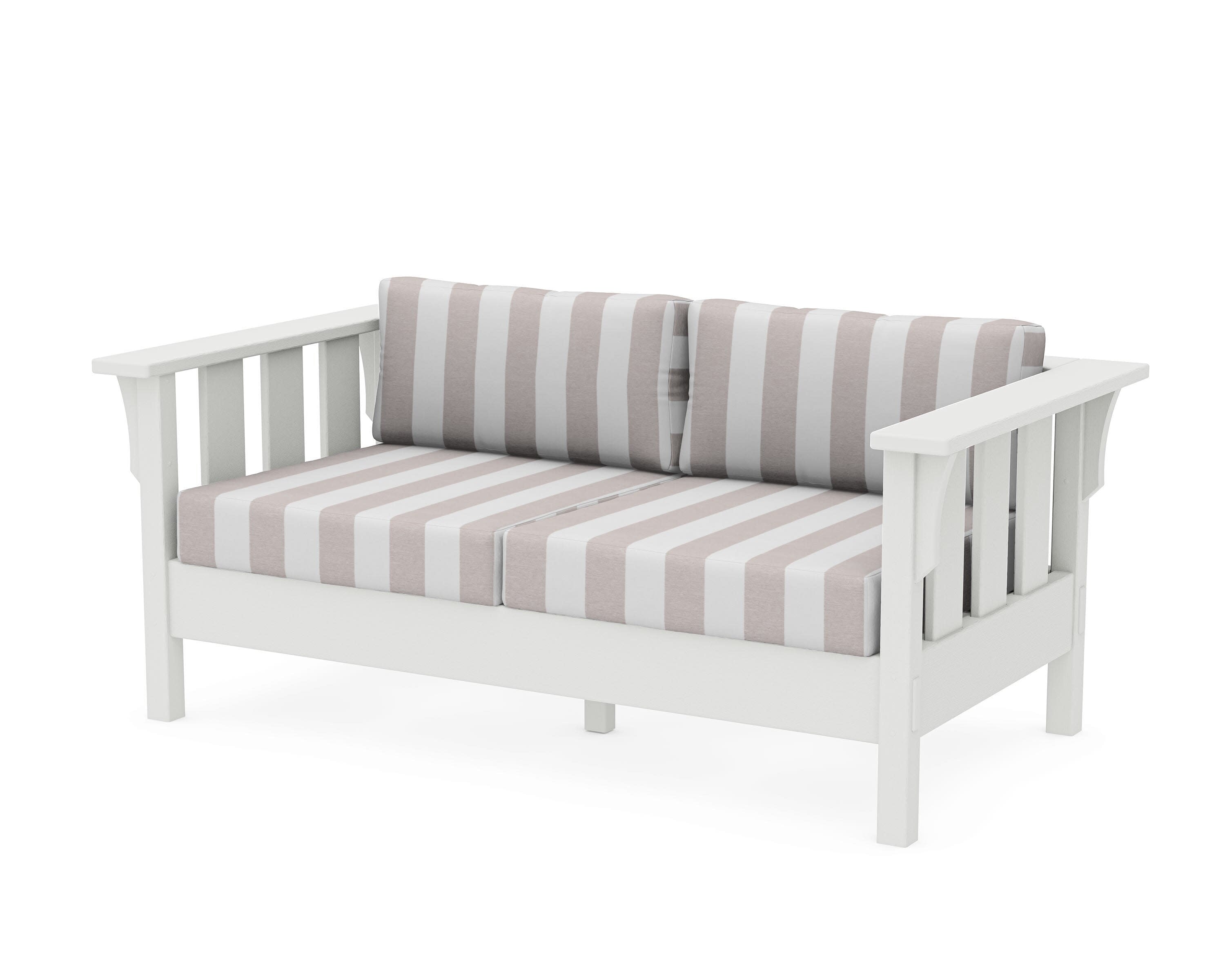 Acadia Deep Seating Loveseat in Vintage White / Cabana Stripe Dune Burlap