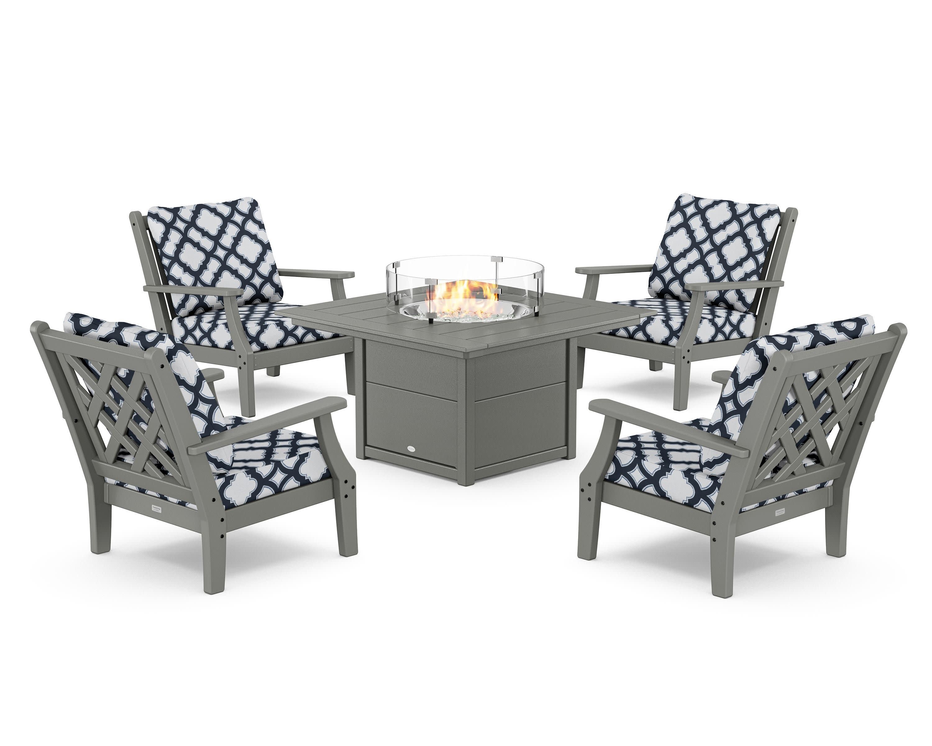 Wovendale 5-Piece Deep Seating Set with Fire Pit Table in Slate Grey / Trellis Marine Indigo