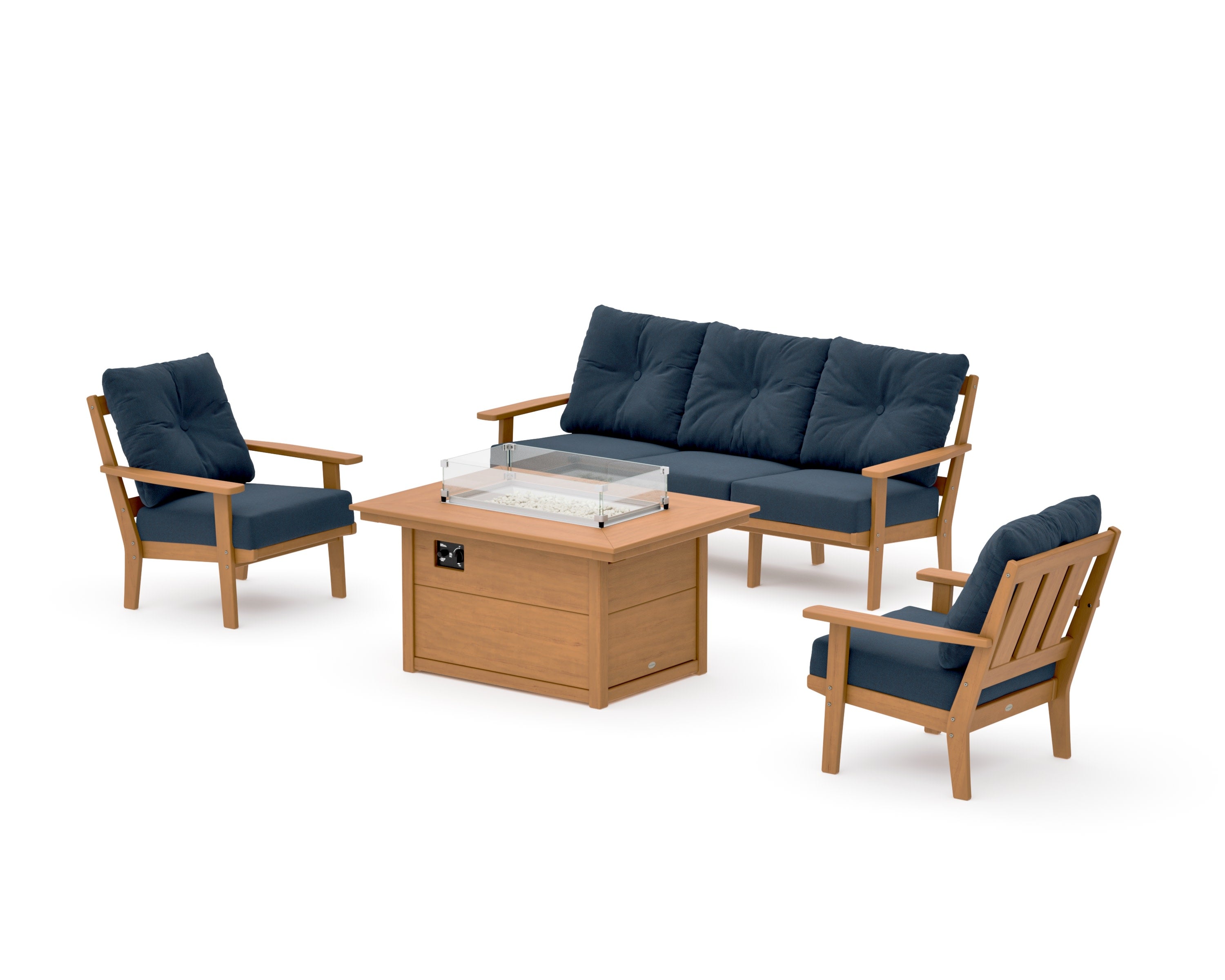 Oxford Deep Seating Fire Pit Table Set in Natural / Marine Indigo